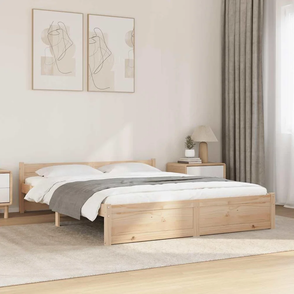 lite drewno sosnowe nowoczesny zagłówek 135x190 cm brąz | Rama łóżka lite drewno sosnowe 135x190 cm podwójna stelaż z zagłówkiem do sypialni