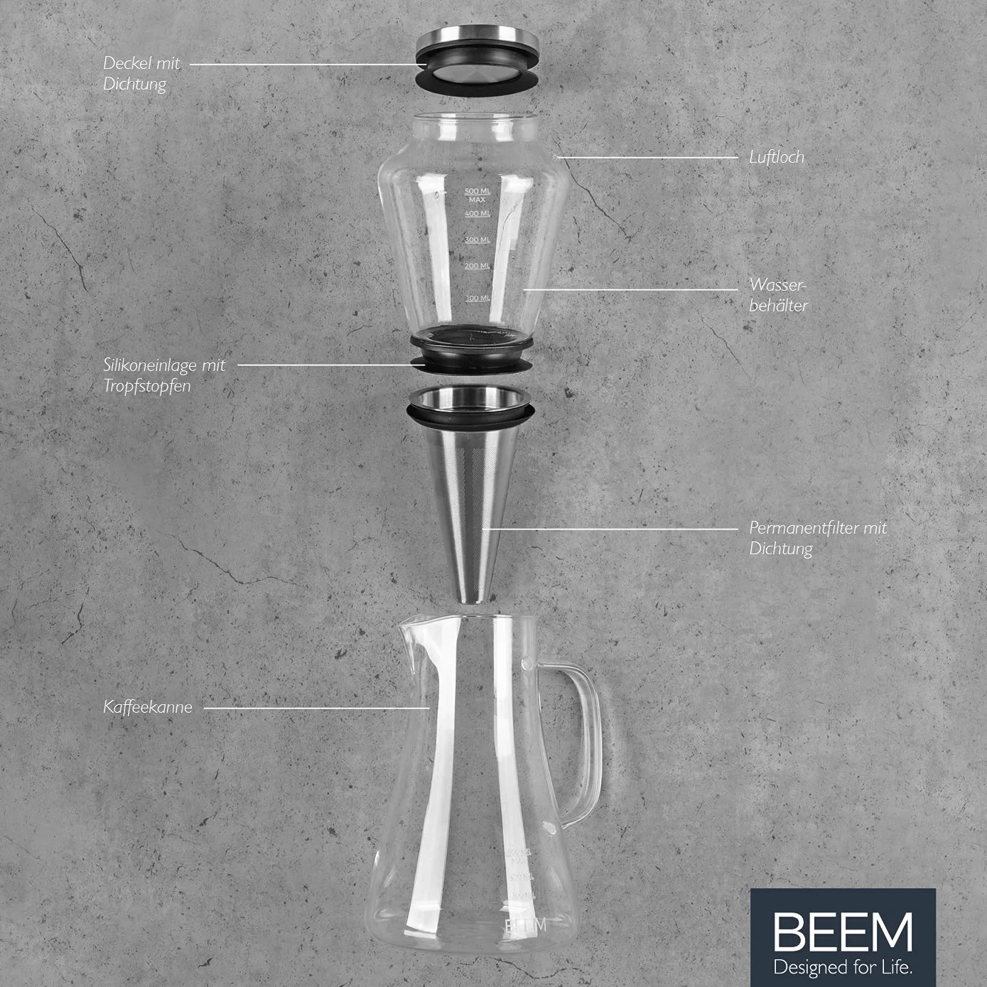 Beem Cold Drip zaparzacz do kawy na 0,5 l szkło borokrzemowe/stal szlachetna srebrno-przezroczysty, wymiary: 14 cm x 12,5,5,cm x 33,4 cm, 03075