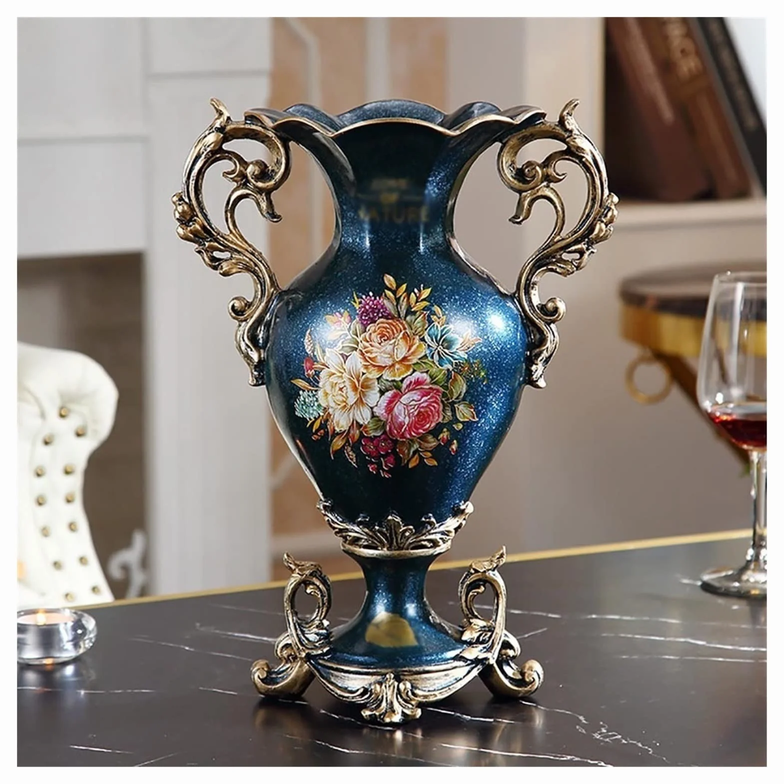 Eleganckie duże wazony na kwiaty, centralny element stołu do kuchni, jadalni, salonu, wystrój domu, europejski retro wysokie duże kwiaty z żywicy, chińskie wazony do dekoracji sypialni (kolor: Bez kwiatów)