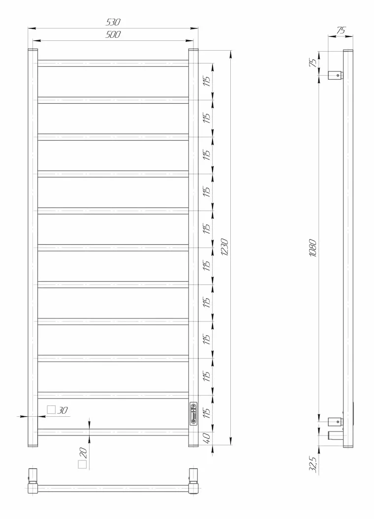 Elna grzejnik na ręczniki, biały, 240 W, 1230 x 530 mm, elektryczny, z timerem i termostatem, energooszczędny, montaż na ścianie, IP44, stal nierdzewna, do łazienki i wynajętego mieszkania