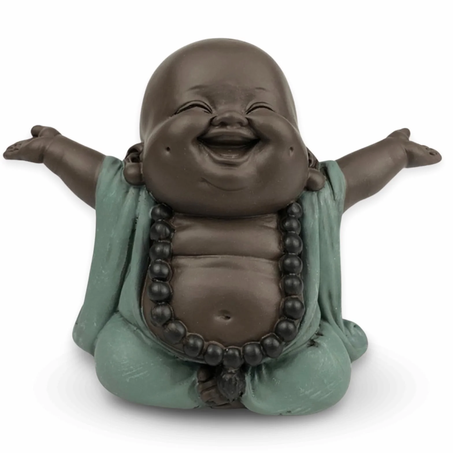 Śmiejący się Budda powitalny - Statuetka na szczęście - Dekoracja Zen i Feng Shui - dla relaksującej i duchowej atmosfery - Pomysł na prezent - Szerokość: 9 cm - Kolor: zielony i brązowy - Zen'Light