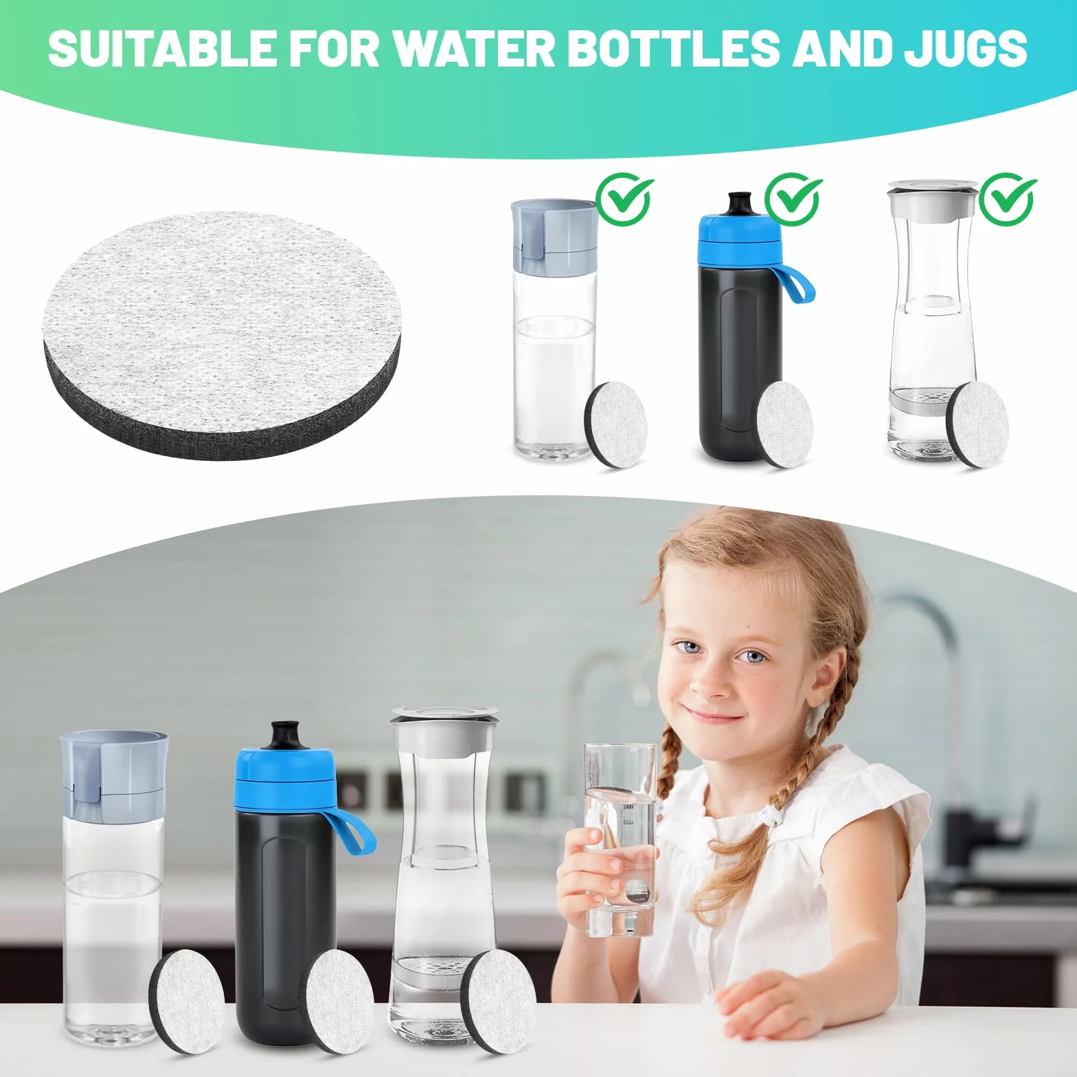 Zestaw 8 filtrów do wody MicroDisc, filtr zastępczy, kompatybilny ze wszystkimi karafkami i butelkami na wodę z filtrem, redukuje PFA, chlor, mikrocząsteczki i inne zanieczyszczenia