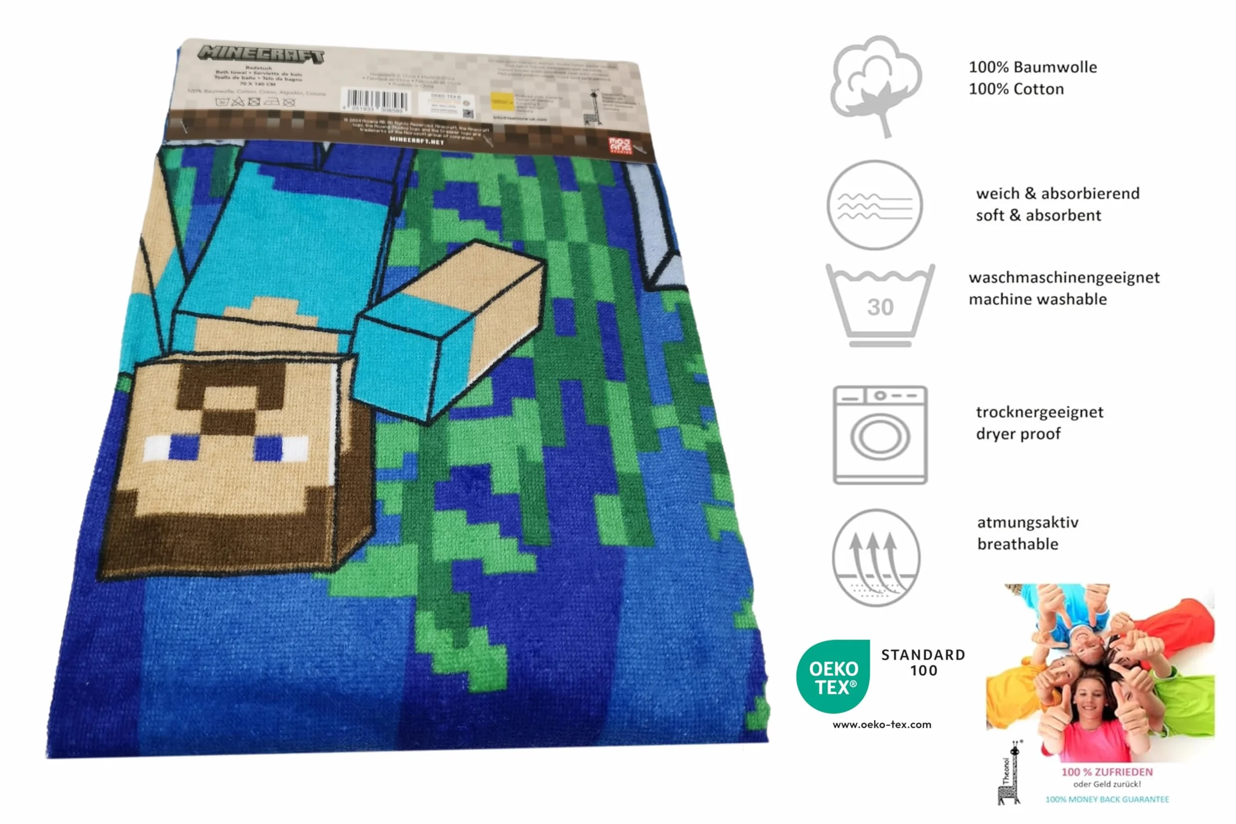 Theonoi Ręcznik kąpielowy dla dziewczynek i chłopców na plażę i prysznic - 100% bawełna, 70x140cm (Minecraft Steve Alex)