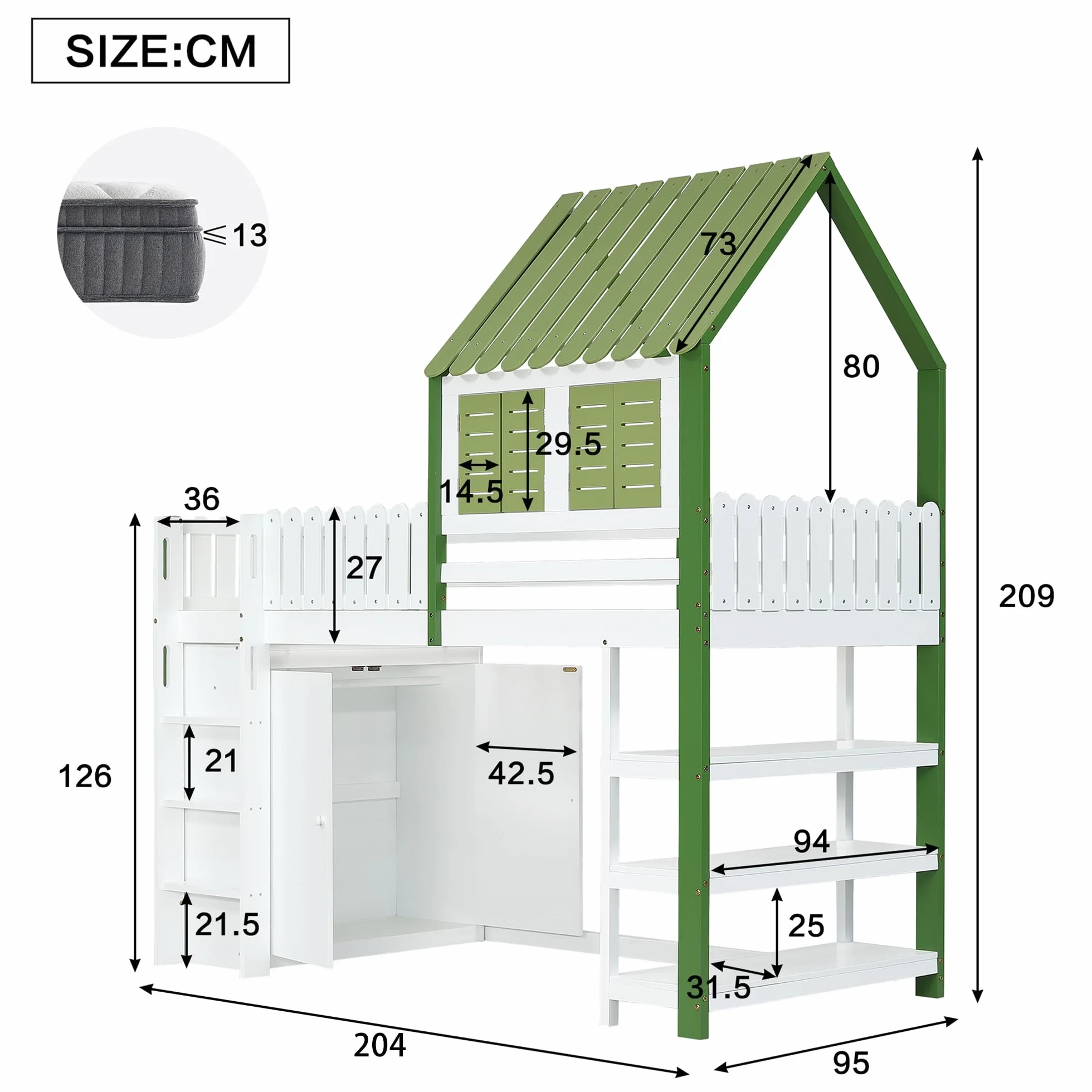 Łóżko piętrowe drewniane 90 x 200 cm z szafą na ubrania i otwartym regałem magazynowym, łóżko dziecięce, łóżko pojedyncze, łóżko funkcyjne z dachem i oknem, dla chłopców lub dziewczynek, białe +