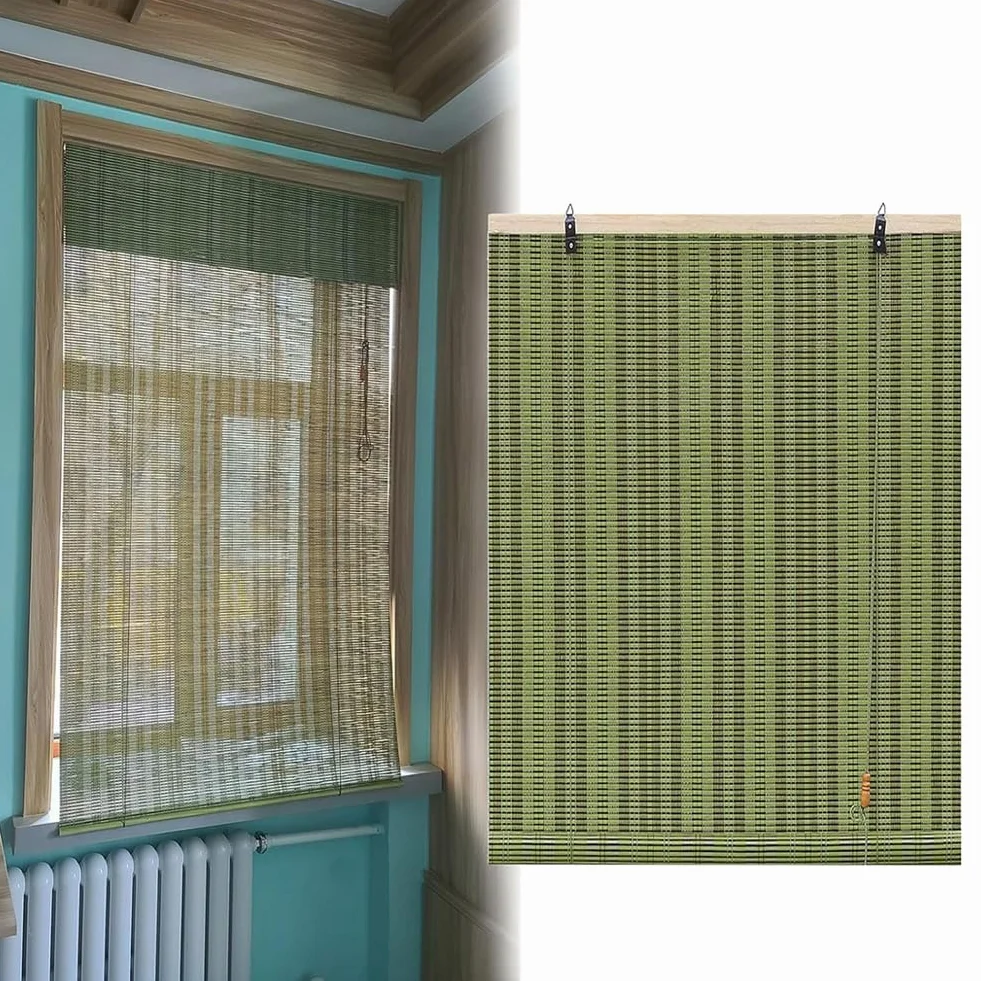 Rolety bambusowe 140 x 160 cm retro rolety rzymskie okna, naturalne drewniane dekoracje okienne, zasłona do wnętrz, zielona, łatwa instalacja, bez wiercenia