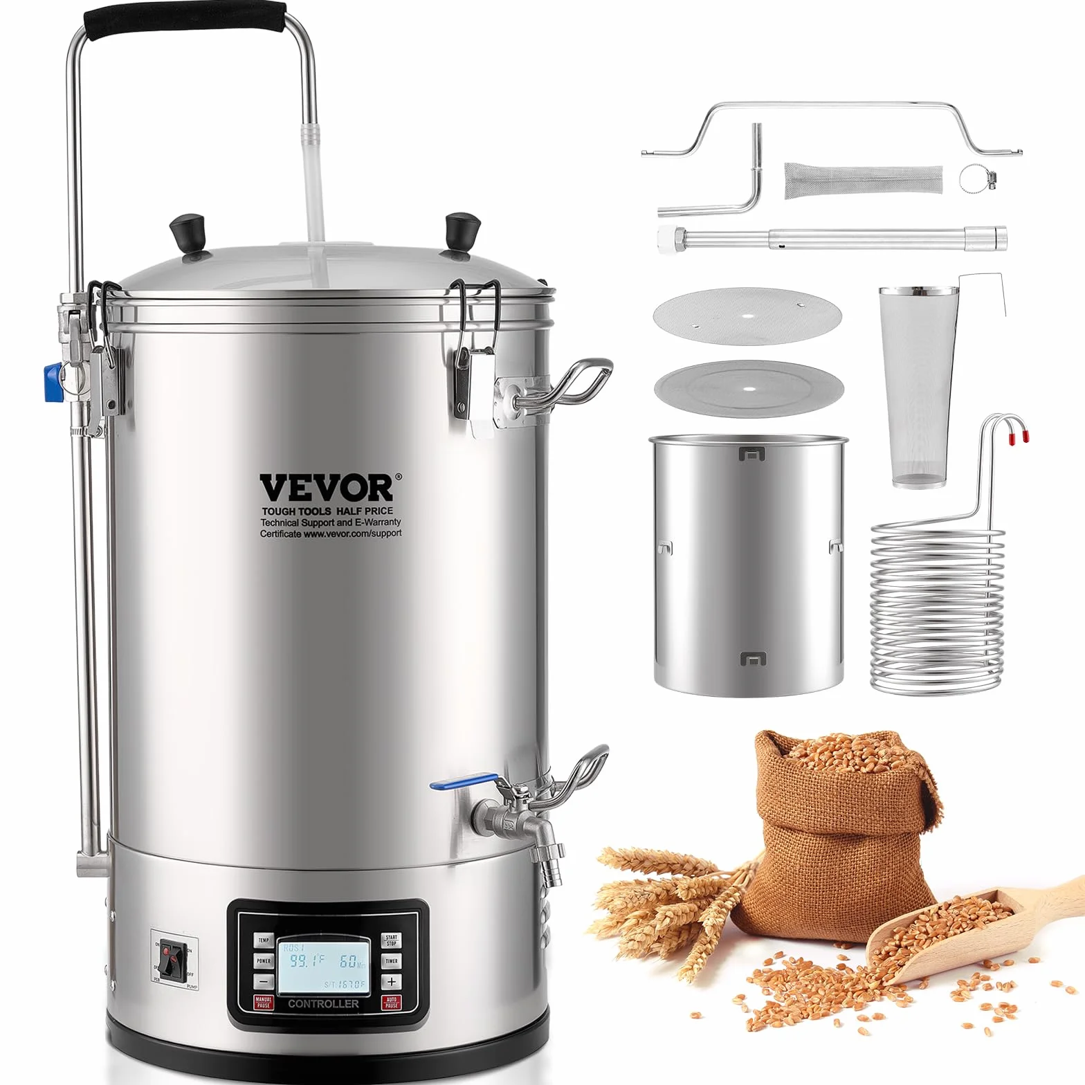 Vevor Electric Brewing System 8 Gal Home Beer Brewer Auto/Manual Garnek do Produkcji Piwa, Srebrny, 35 litrów
