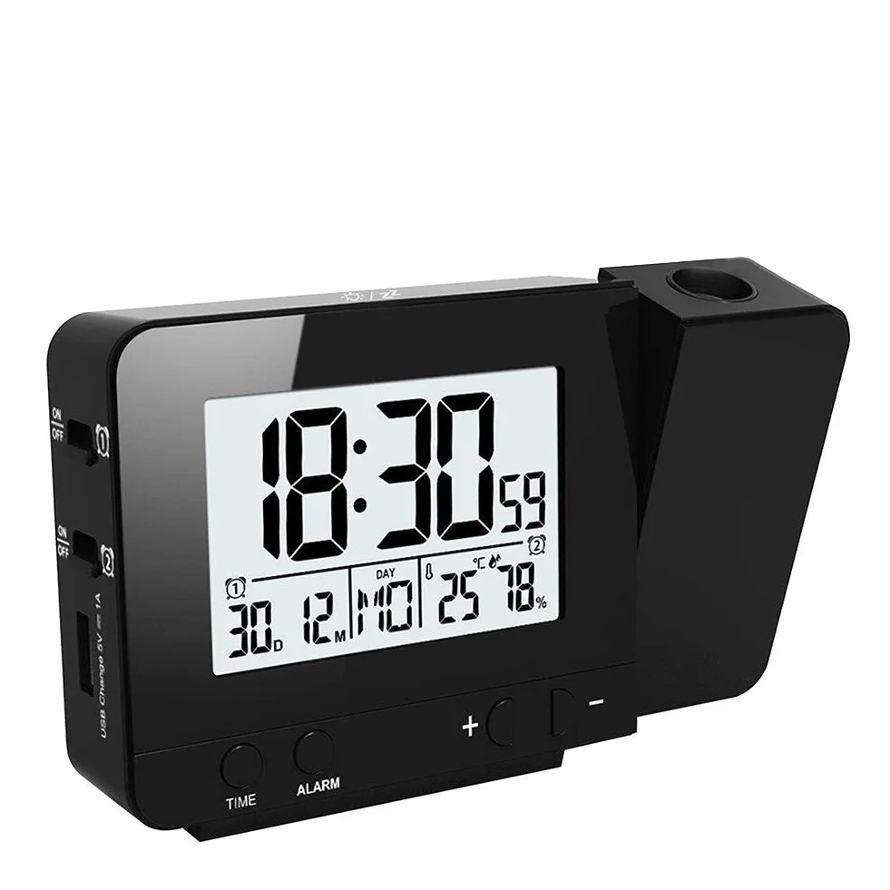 Queta Budzik projekcyjny, cyfrowy zegar z czasem, projekcja temperatury z podwójnym alarmem, wilgotność, drzemka, timer, kalendarz, port USB (czarny kolor)