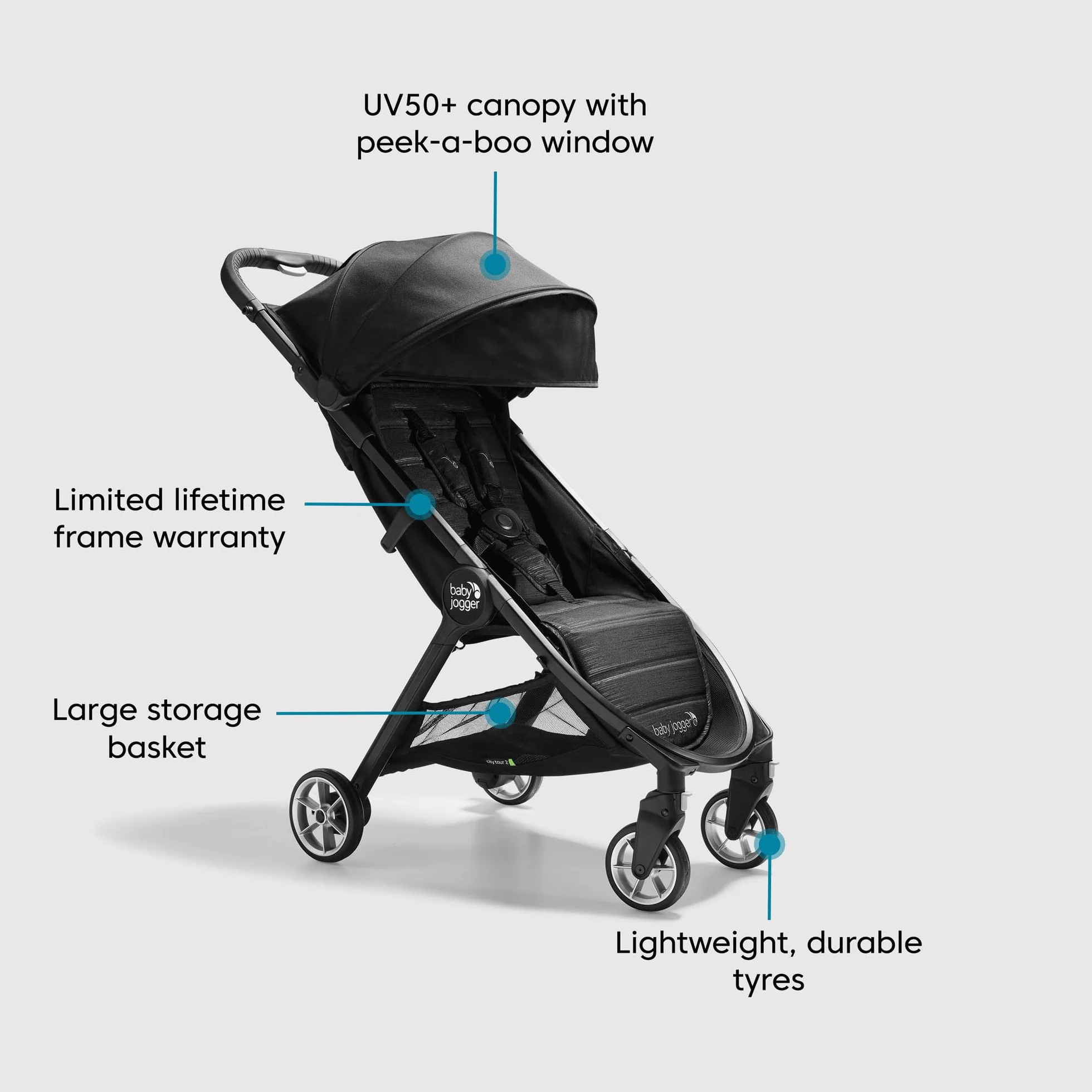 Wózek spacerowy Baby Jogger City Tour 2 Pitch Black Lekki 6,5 kg czarny