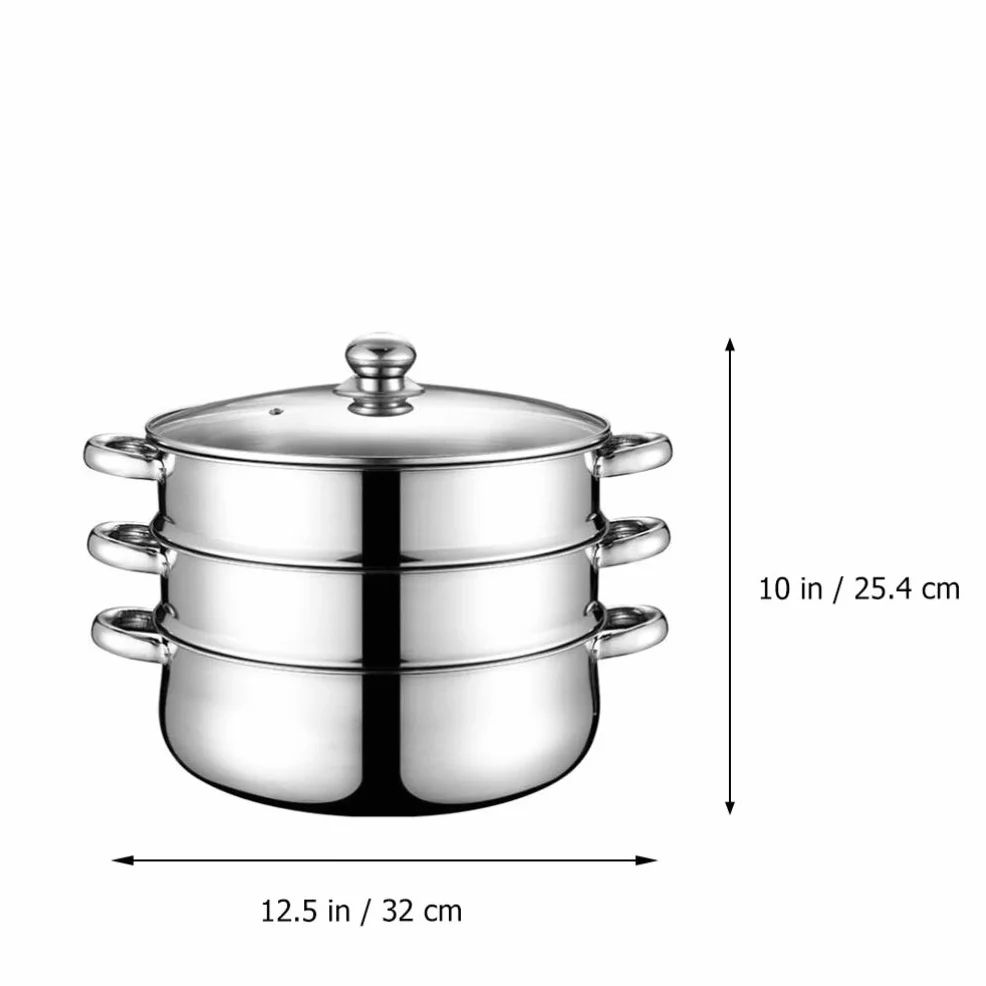 3-Poziomowy Garnek Do Gotowania Na Parze Ze Stali Nierdzewnej, Garnek Do Gotowania Na Parze, Garnek Do Gotowania Tamale Z Warzywami Morskimi, 30 Cm, Zestaw Naczyń Do Gotowania(Srebrny-32 * 25,4Cm)