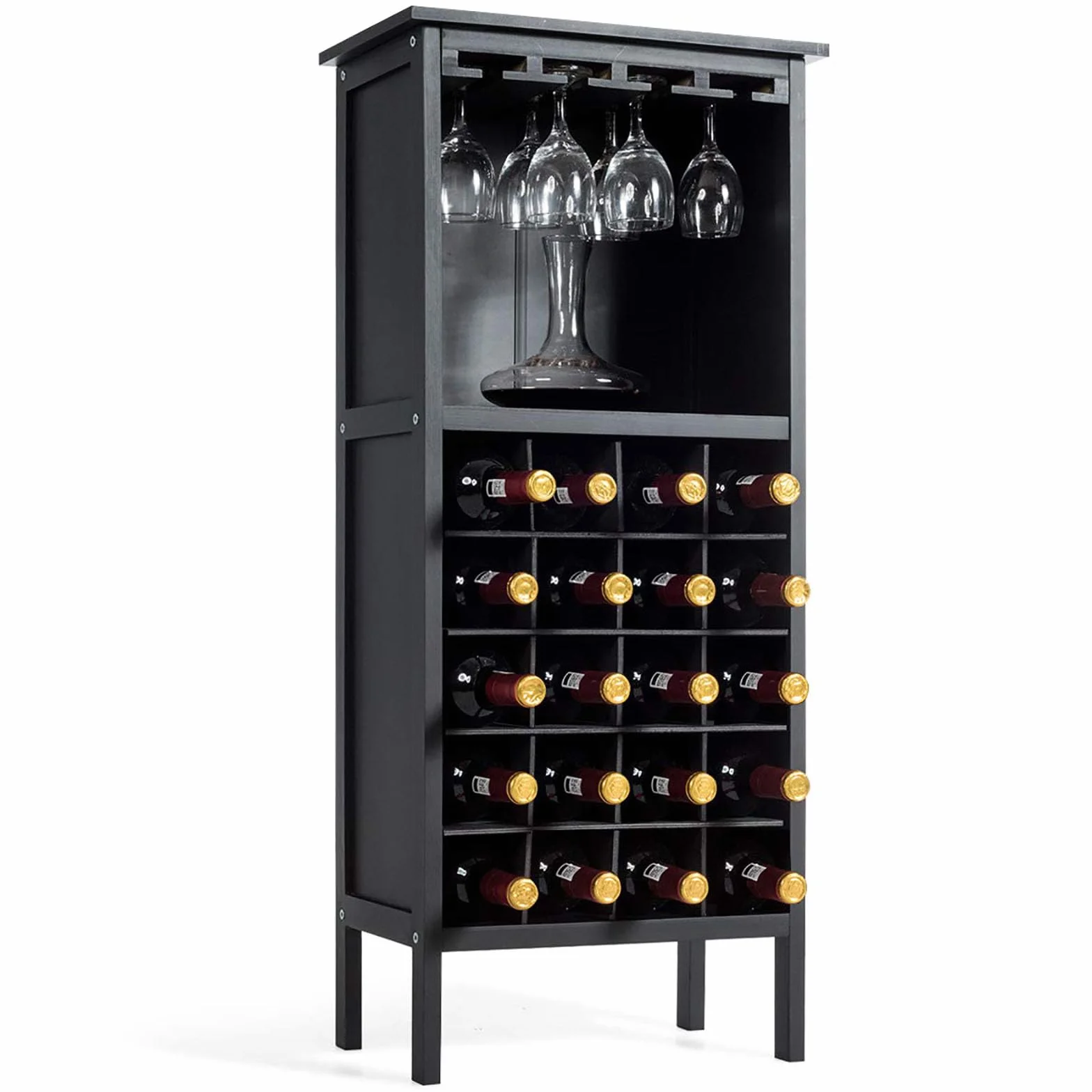 COSTWAY Szafka na wino na 20 butelek, drewniany regał na wino z uchwytem na szkło, regał na butelki, stojak na wino do kuchni, baru, 42 x 24,5 x 96 cm (czarny)