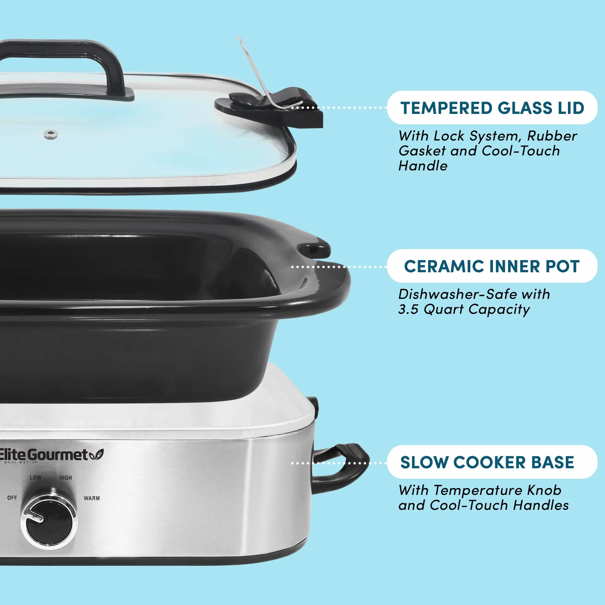 Elite Gourmet MST-5240SS garnek do garnka z zamykaną pokrywką, regulowana temperatura, utrzymuje ciepło, nadaje się do piekarnika i mycia w zmywarce, pojemność 3,3 l, stal nierdzewna