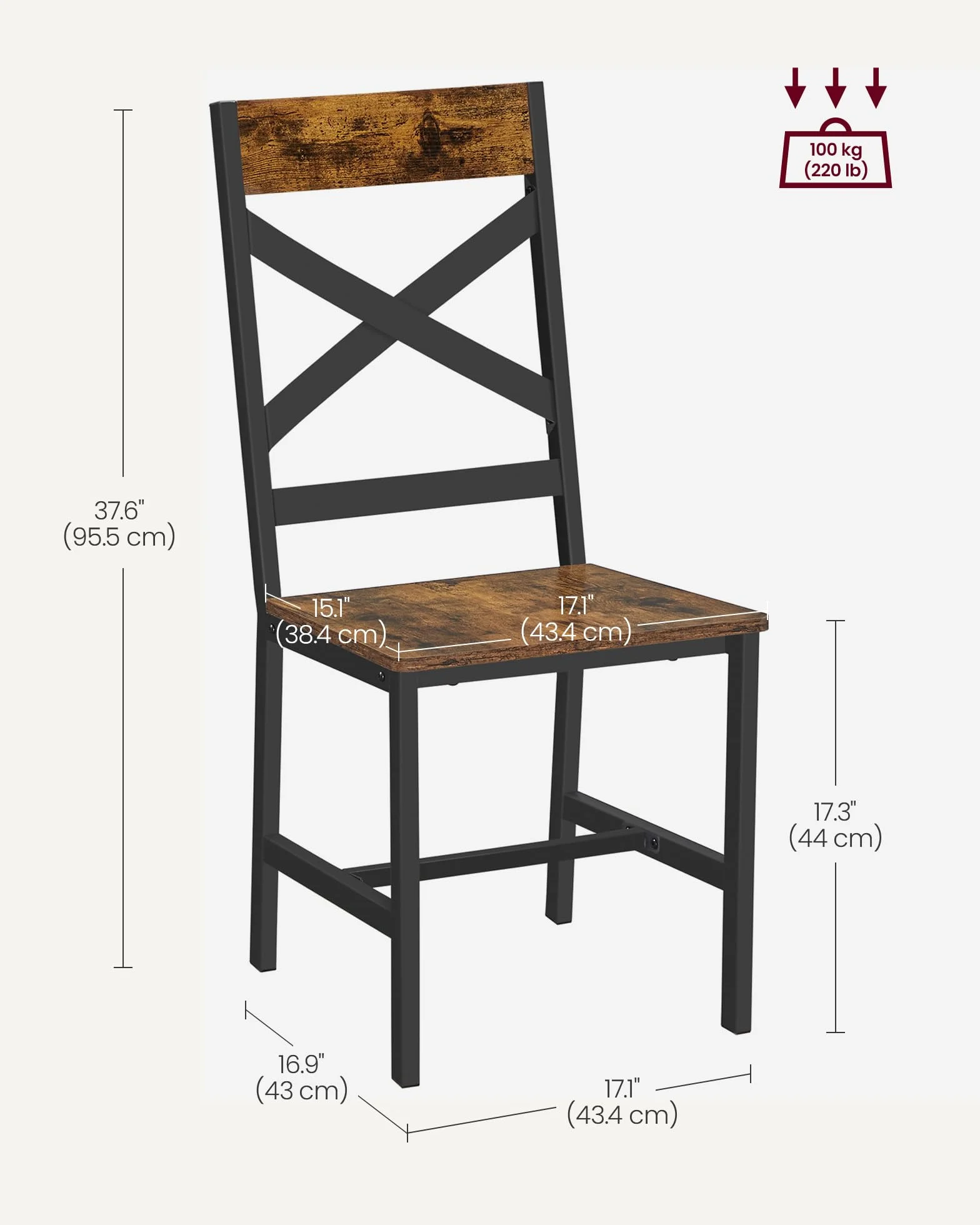 VASAGLE Krzesła do jadalni, zestaw 2 krzeseł do jadalni, stalowa rama, ergonomiczny design, styl industrialny, do salonu, jadalni, rustykalny brązowy i czarny LDC094B01