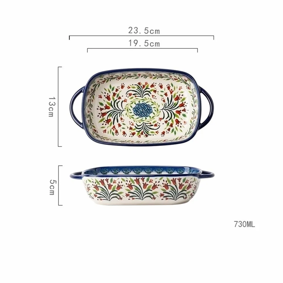 Naczynia do pieczenia Blacha do pieczenia z uchwytem, ​​ceramiczna miska do zastawy stołowej w stylu retro, naczynie na sałatkę, wielofunkcyjna, duża pojemność