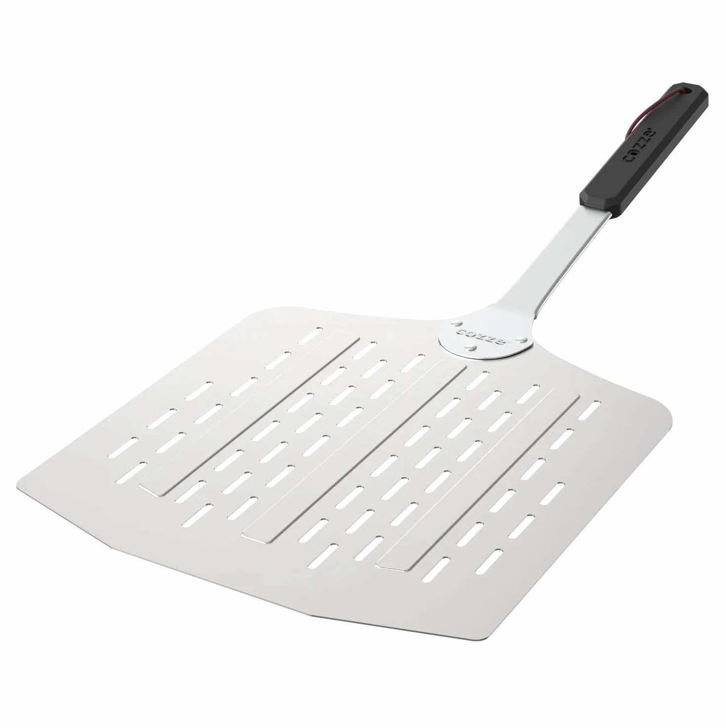 Cozze® lekka perforowana łopatka do pizzy 76 cm – 35x40 cm – aluminiowe ostrze 1,5 mm – uchwyt softgrip (stal nierdzewna/tworzywo) – mniej przypalonej mąki – skórzana pętelka – certyfikat LFGB