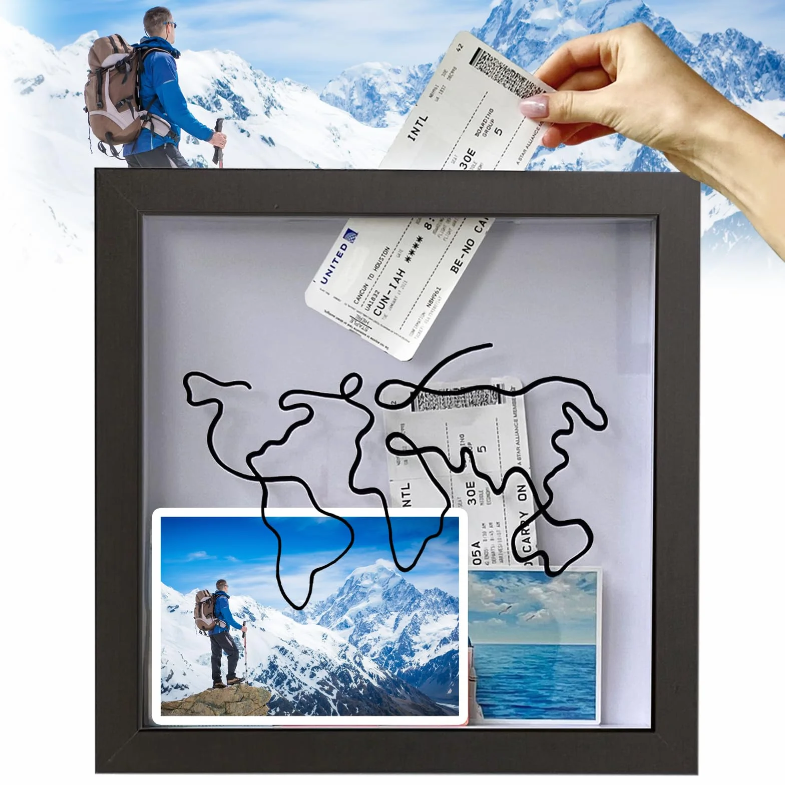 Duży rozmiar 20 cm Adventure Archive Box Frame | Czarne pudełko z pamięcią podróżną do zbierania biletów, drewniana rama, podróżna skrzynka na bilety | ramka Shadow Box do filmu, sportu i różnych