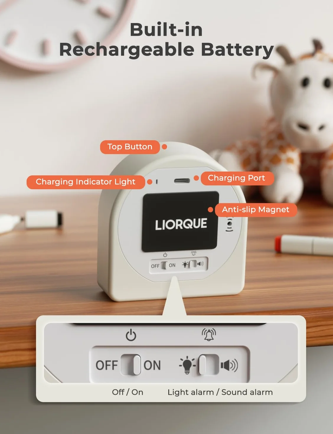 LIORQUE Timer wizualny dla dzieci, naładowalny wizualny timer pomodoro z odliczaniem dla dzieci w kolorze tęczy z magnesem z tyłu, narzędzie do zarządzania czasem do nauki