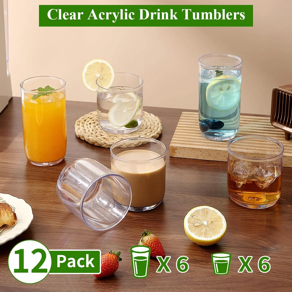 Kyraton Zestaw 12 szklanek do picia, przezroczyste plastikowe szklanki do Highball 400 ml i whisky, zestaw 326 ml, wytrzymałe, niezniszczalne szklanki do wody, szklanki do piwa, soku, mleka