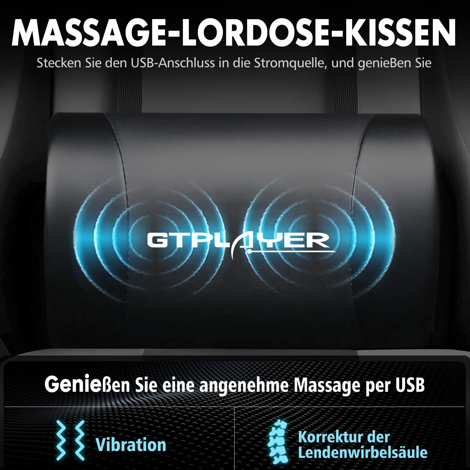 GTPLAYER Krzesło gamingowe ergonomiczne z podparciem masażu, podnóżkiem i zagłówkiem, czarna sztuczna skóra