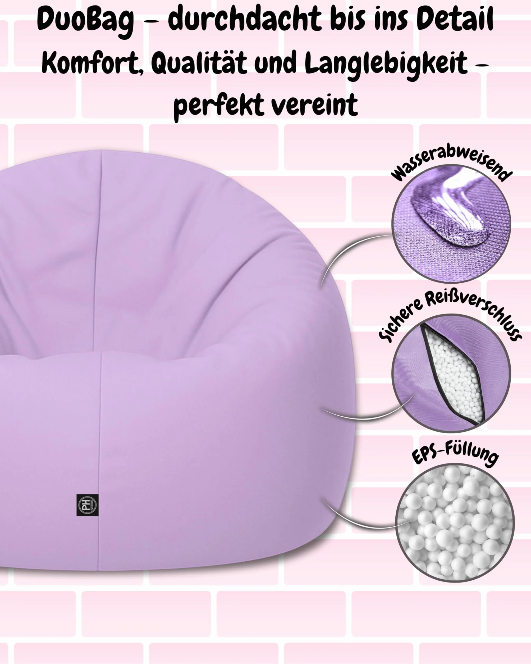 Patchhome Bean Bag worek/poduszka do siedzenia 2 w 1, średnica 100 cm, kolor liliowy optymalnie napełniona