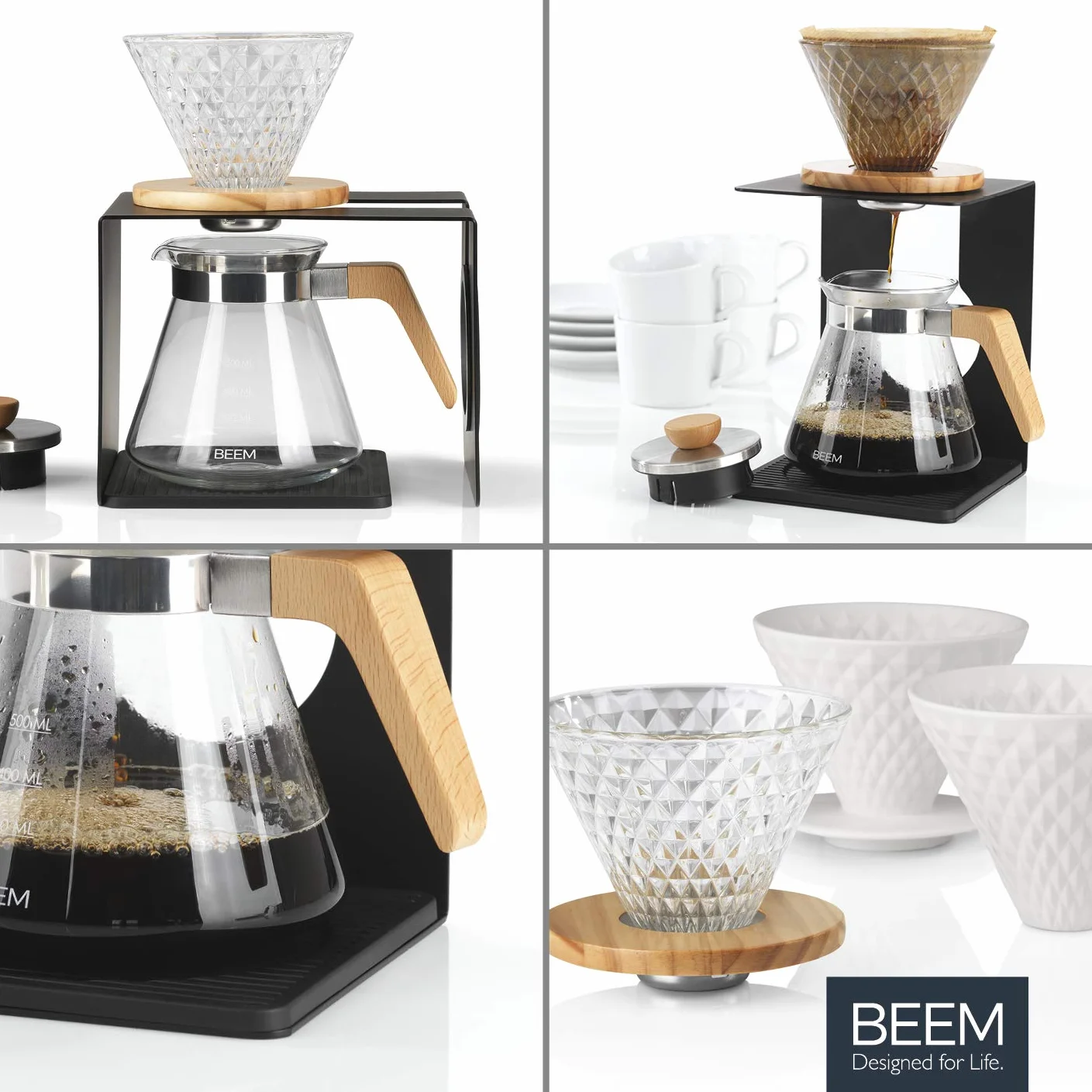 BEEM POUR OVER zestaw zaparzaczy do kawy na 4 filiżanki | w zestawie szklany filtr ręczny i szklany dzbanek z pokrywką | do ręcznego parzenia kawy w tradycyjny sposób | eleganckie i nowoczesne