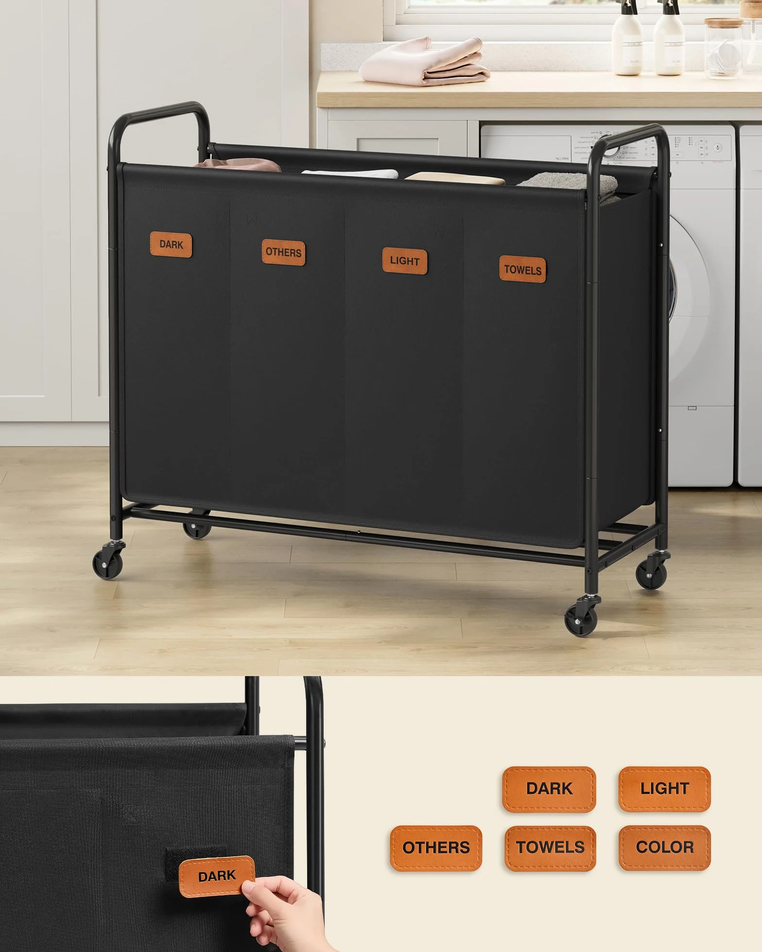 SONGMICS Rolling Laundry Basket 4-komorowy 200-litrowy sorter prania mobilny wózek czarny RLS460B01