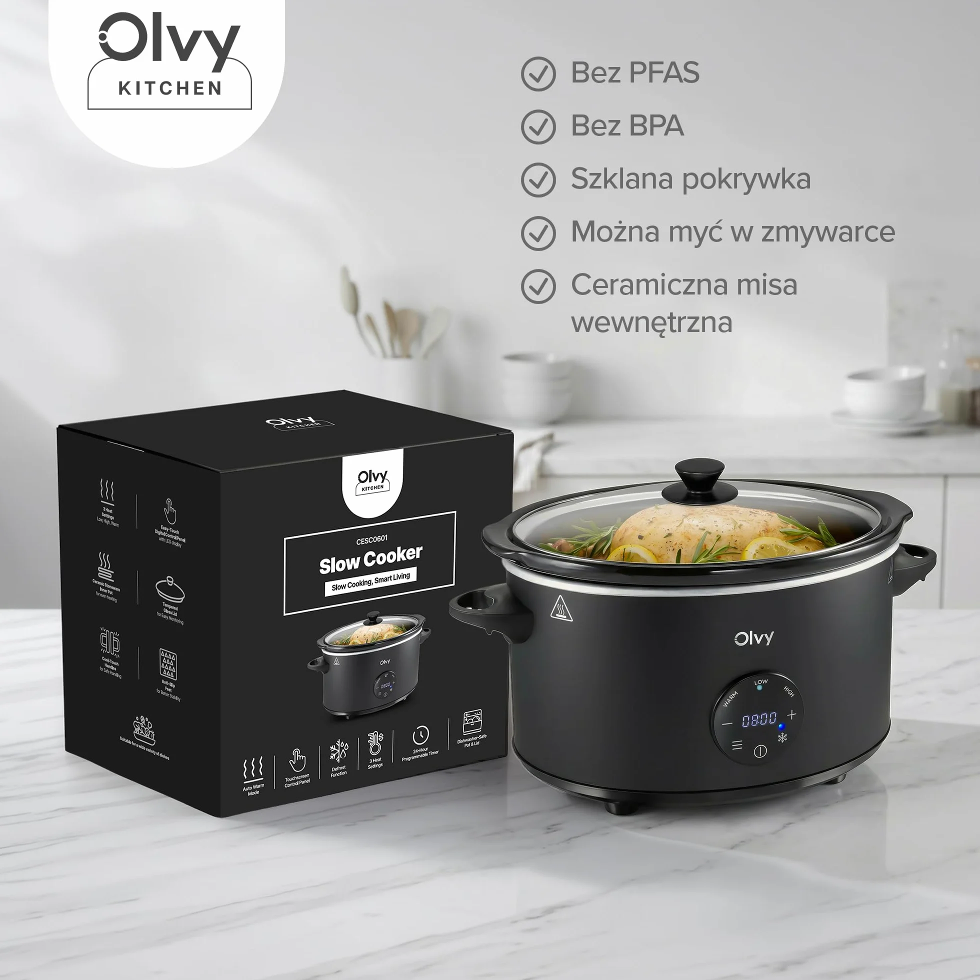 Olvy Slow Cooker 6 l Pro cyfrowy wolnowar z timerem, ekranem dotykowym, funkcja rozmrażania, 24 h, timer, 3 stopnie