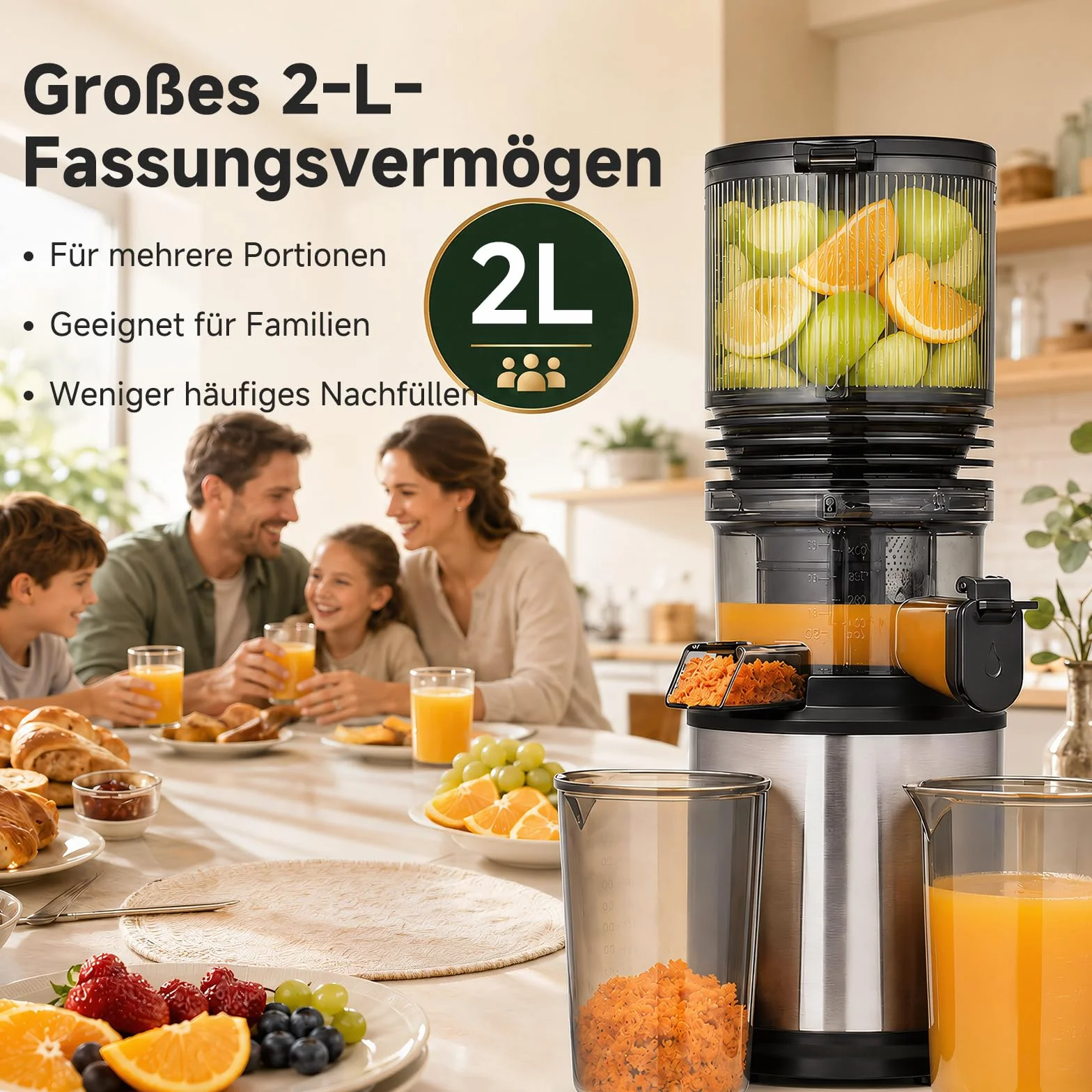 AMZCHEF Wyciskarka wolnoobrotowa do soków, szeroki otwór wsadowy 158 mm i komora na składniki 2 l do domowych soków, 55 obr./min, silnik DC 250 W do 45 dB, 3-stopniowa filtracja ze stali nierdzewnej | Do całych owoców i warzyw, łatwa do czyszczenia, zimna
