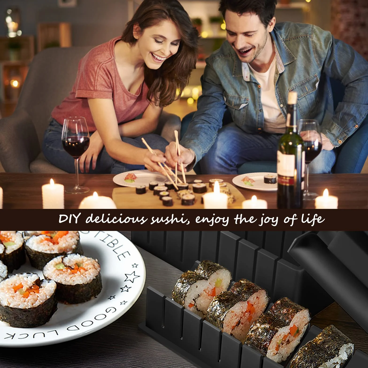 Zestaw do Robienia Sushi, 20 Elementów, Dla Początkujących, Samodzielnego Wykonania, Z Widelcem, Nożem, Matą do Rolkowania, Pałeczkami, Kompletny (Czarny)