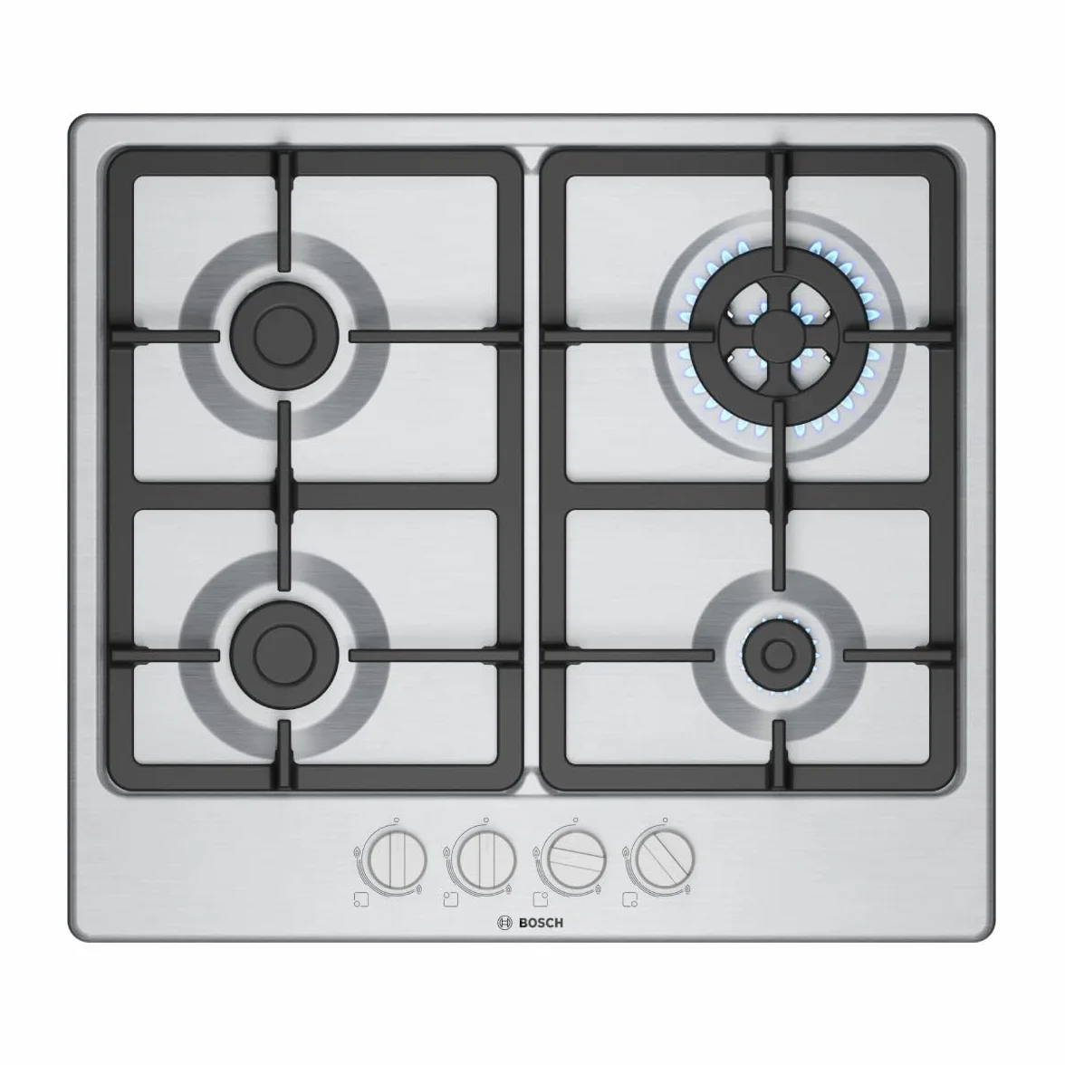 Bosch PGH6B5K90 seria 4 płyta gazowa, palnik Wok: moc do 3,3 kW, żeliwne ruszty, stal, 60 cm, 3 strefy + Wok, stal nierdzewna | Kuchenka gazowa z precyzyjną kontrolą płomienia, ruszty żeliwne nadają się do mycia w zmywarce, wyprodukowano w Europie