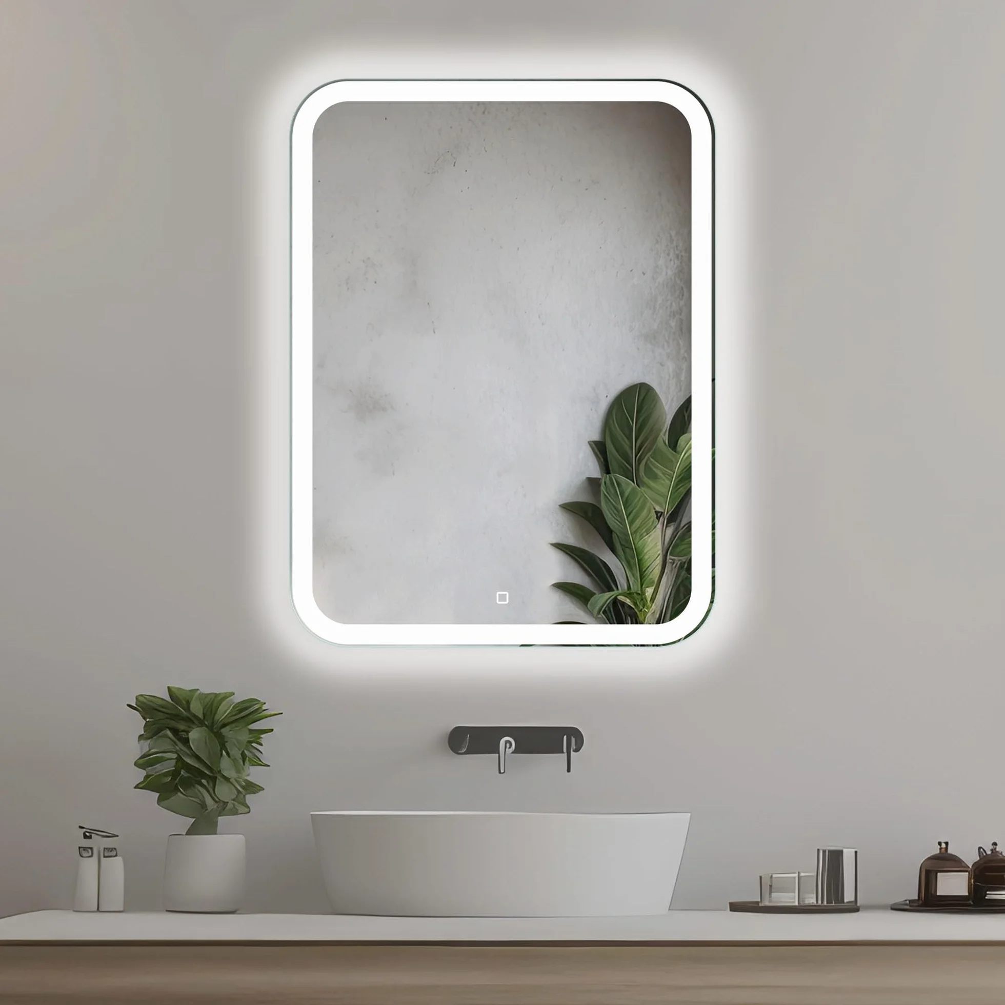50x70 cm Prostokątne lustro łazienkowe z oświetleniem LED, Podświetlone lustro z włącznikiem, Zaokrąglone prostokątne lustro łazienkowe z naturalnym białym światłem, Podświetlane z przodu