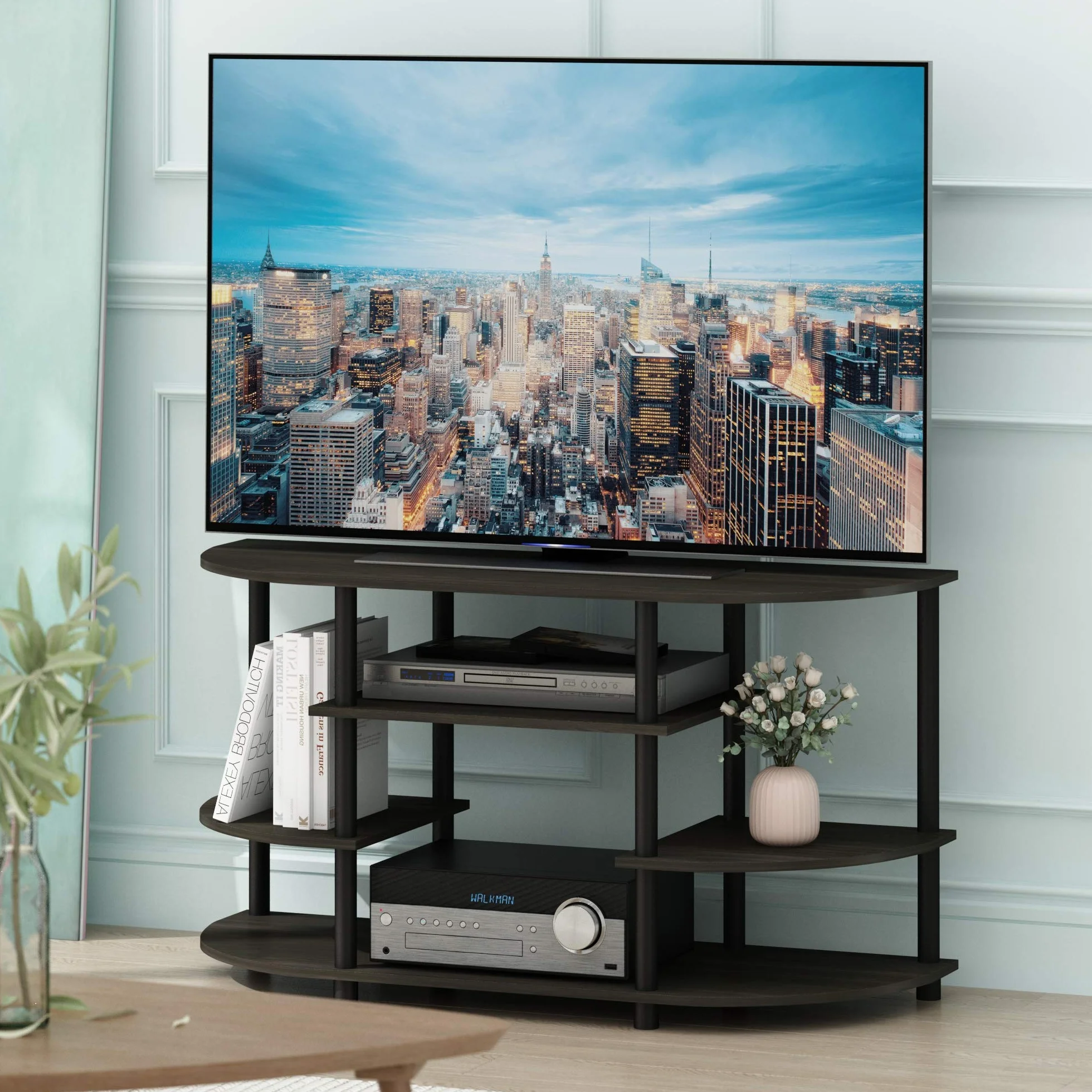 Furinno JAYA narożny stojak na telewizor, szafka pod telewizor, centrum rozrywki, espresso/czarny, 106,7 (szer.) x 57,4 (wys.) x 39,4 cm (gł.)