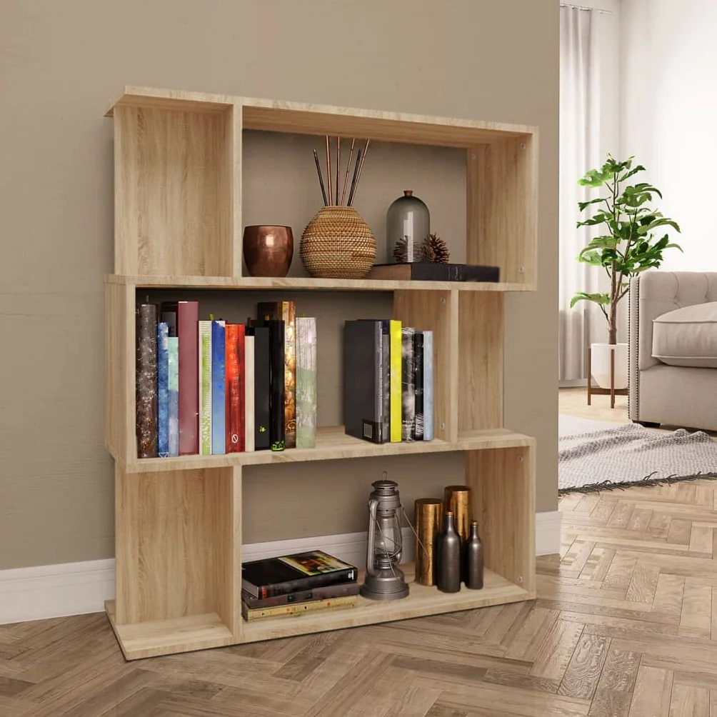 Regał na książki dąb Sonoma 80 x 24 x 96 cm, materiał drewnopochodny z 3 dużymi i 6 małymi przegródkami, jako ścianka działowa, do salonu, biura i korytarza, praktyczna półka i miejsce do