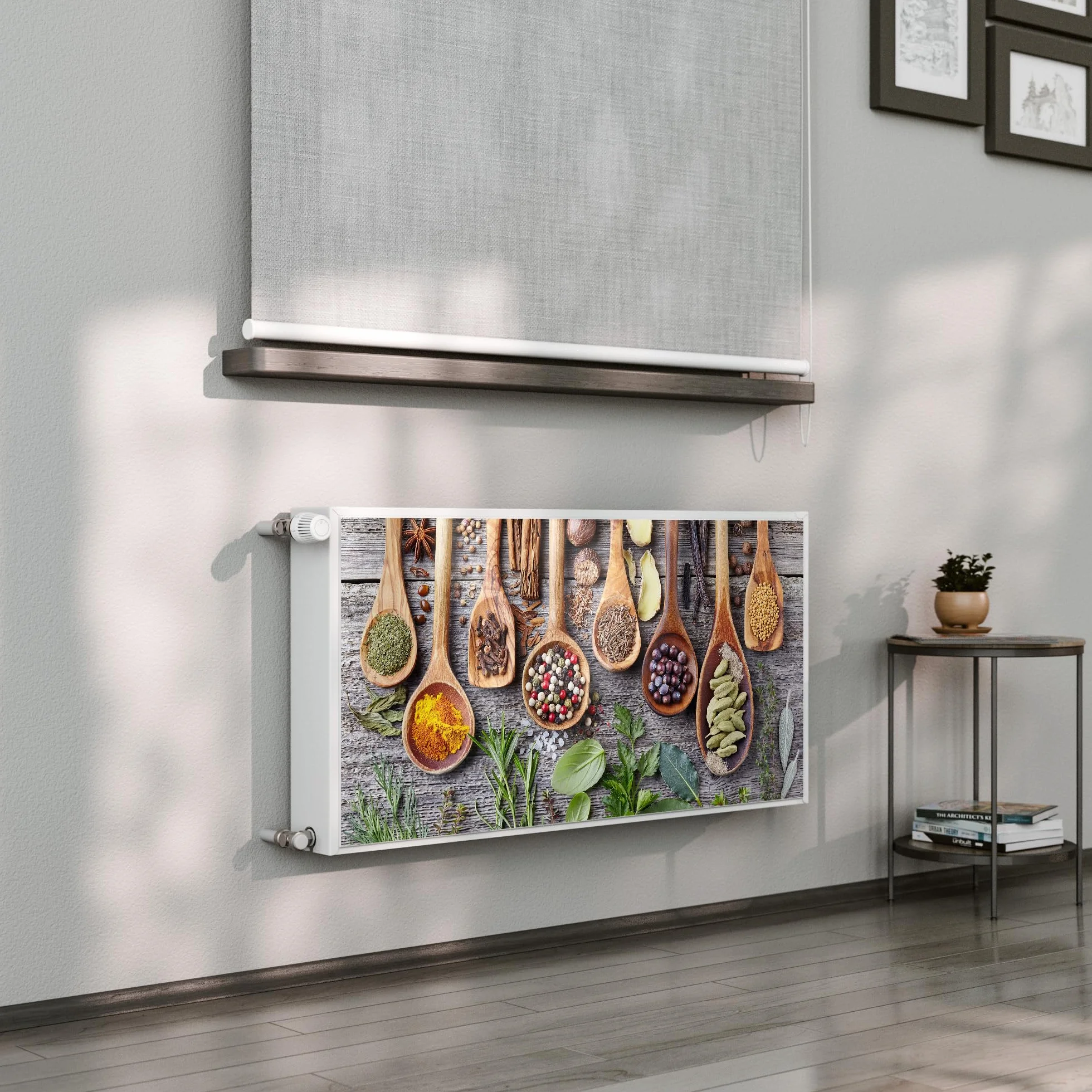 DEQORI Folia magnetyczna do ogrzewania 120 x 60 cm | motyw zdobiona łyżka kuchenna | dekoracyjna mata magnetyczna, ochrona grzejników | magnetyczna folia dekoracyjna samoprzylepna, magnetyczna i