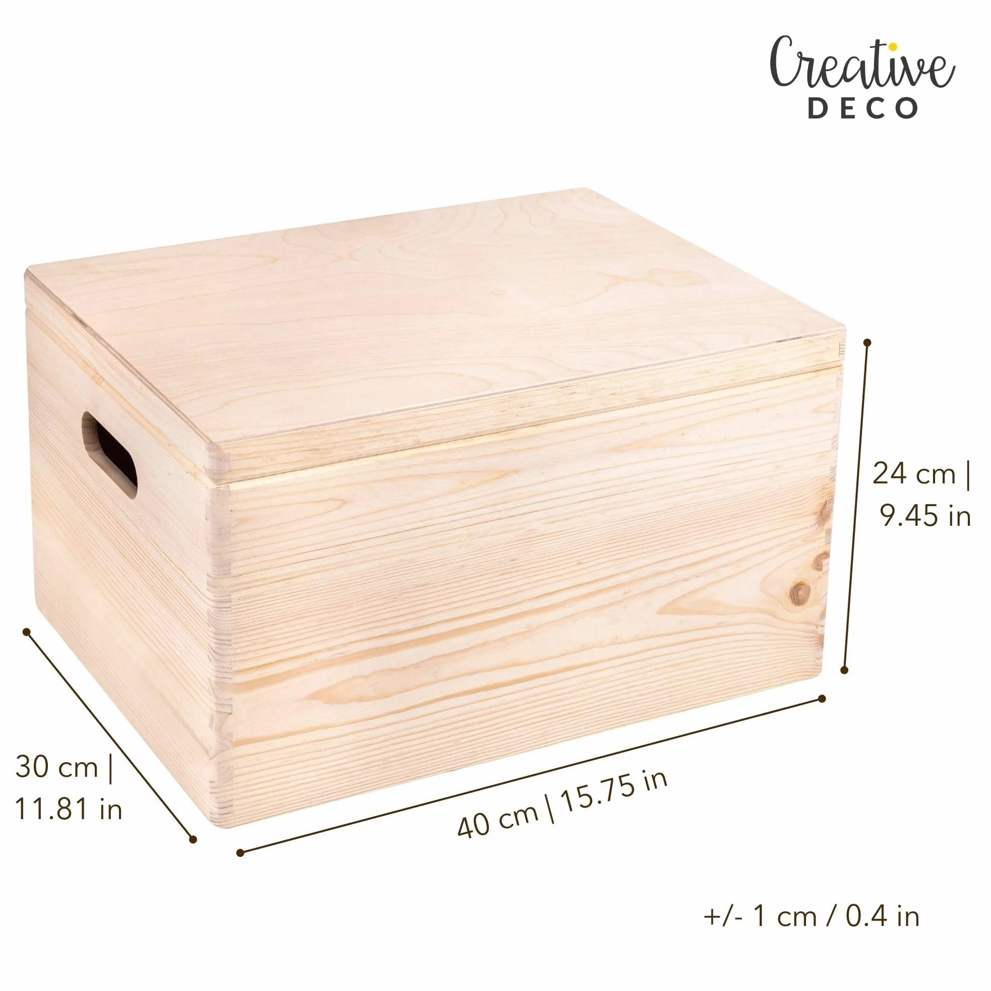 Creative Deco XXL Duże Drewniane Pudełko z Pokrywą do Dekoracji | 39 x 29 x 22 cm (+/- 1cm) | z Uchwytami | Niemalowana Skrzynia z Drewna na Wielkanoc Zabawki Narzędzia | SUROWE i NIEOSZLIFOWANE