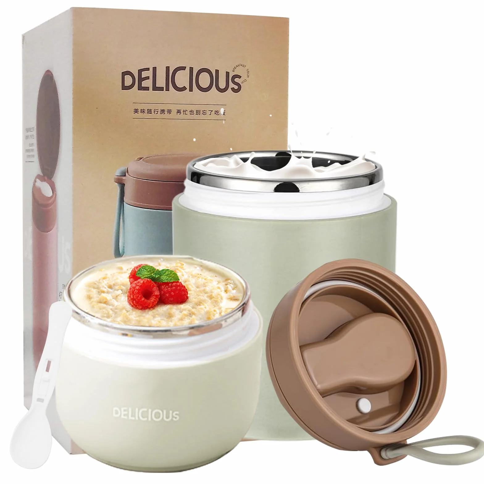 Chedin Kubek na musli To Go z pokrywką, kubek ze stali nierdzewnej, 730 ml, szczelny, z łyżką i pokrywką, dwuwarstwowe, szczelne, idealne do pracy (zielony)