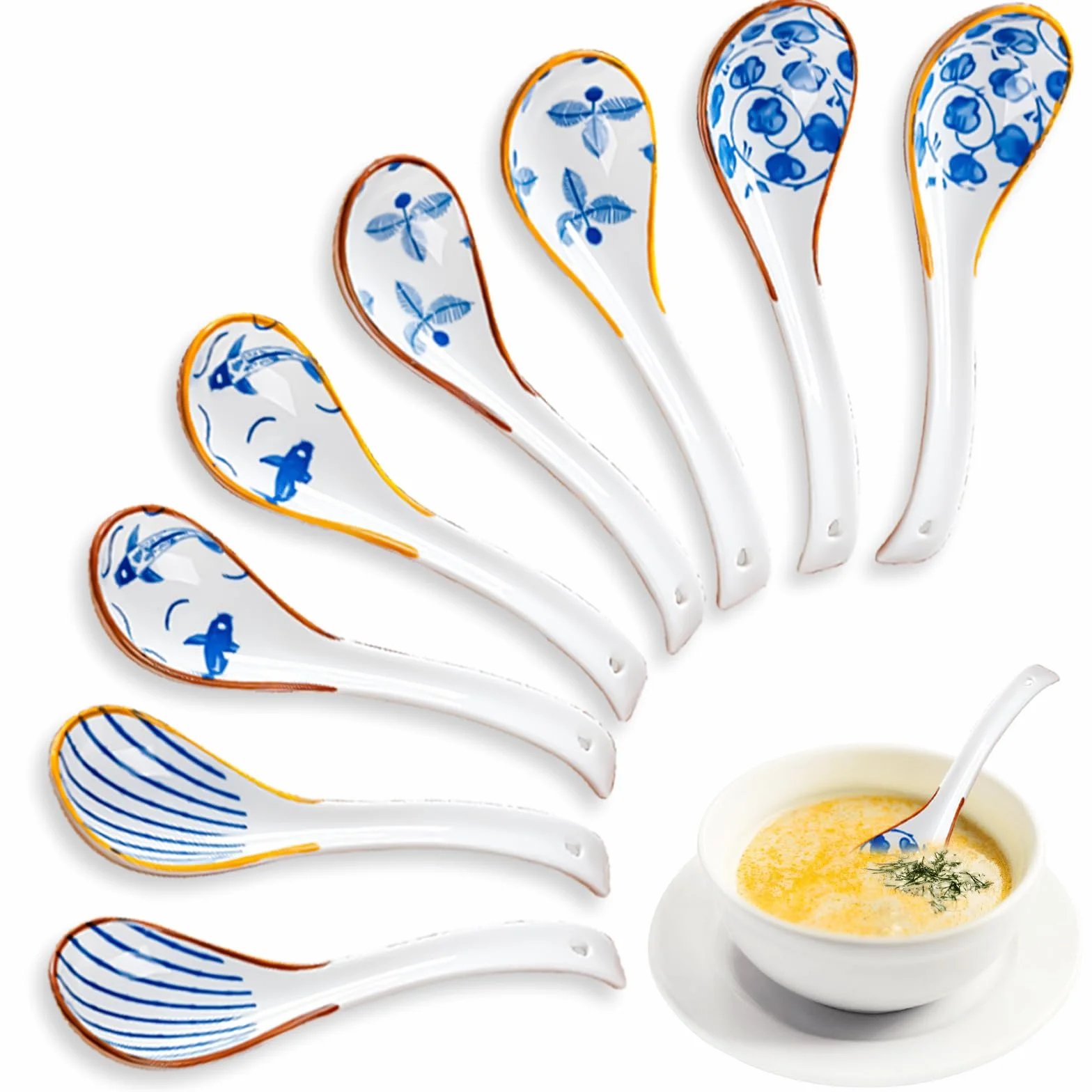8 azjatyckich łyżek do zupy, 16 x 4,5 cm, styl retro, chińskie łyżki do zupy, ramen z kwiatowym wzorem, ceramiczne łyżki nadają się do pierogów, makaronu ryżowego, makaronu, wontonu, zup