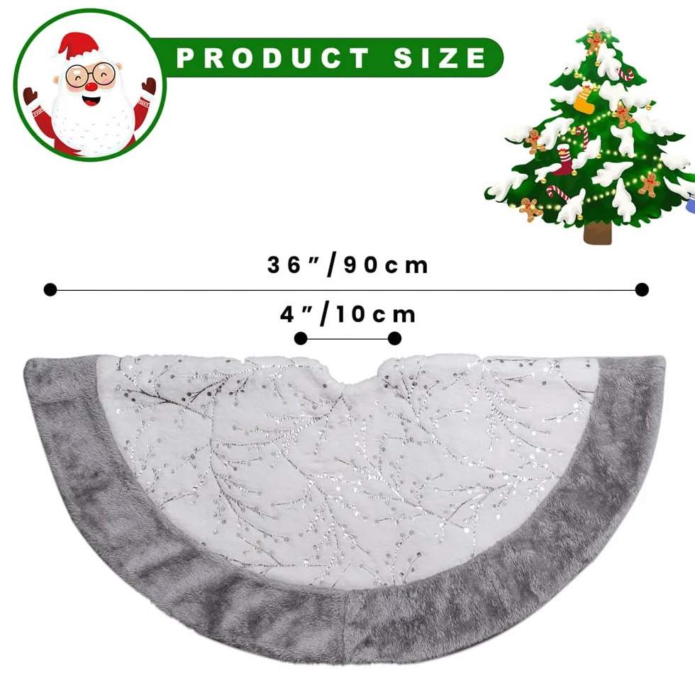 Lanpn Spódnica pod choinkę 90cm, duża, pluszowa, patchworkowa, srebrne sztuczne futro, spódnice choinkowe, 36 cali (90cm), mata pod choinkę, osłona, na zimę, Boże Narodzenie, święta, dekoracje