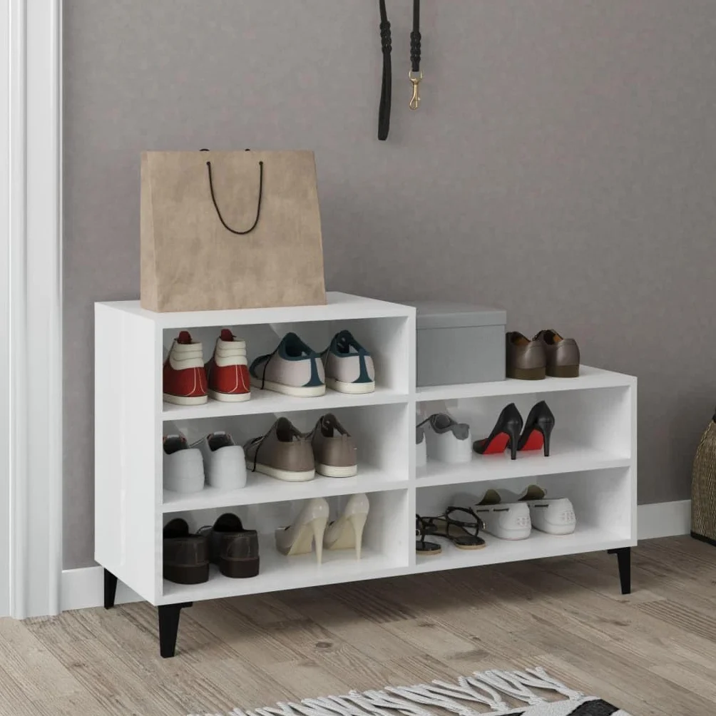 Regał na buty, wysoki połysk, biały, materiał drewnopochodny z metalowymi nóżkami 102 x 36 x 60 cm, 5 półek, płaski, wąski, do korytarza, korytarza, sypialni, porządku i przechowywania, z