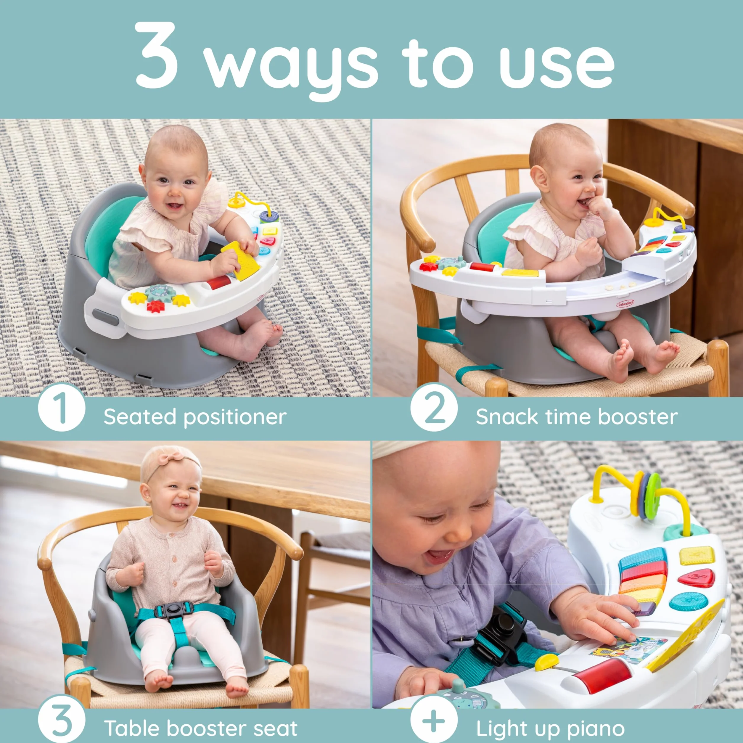 Infantino - Krzesełko do Karmienia i Eksploracji Discovery Growing Baby Booster 3 w 1 - Przekształcalne - Interaktywna Taca - Niebieskie