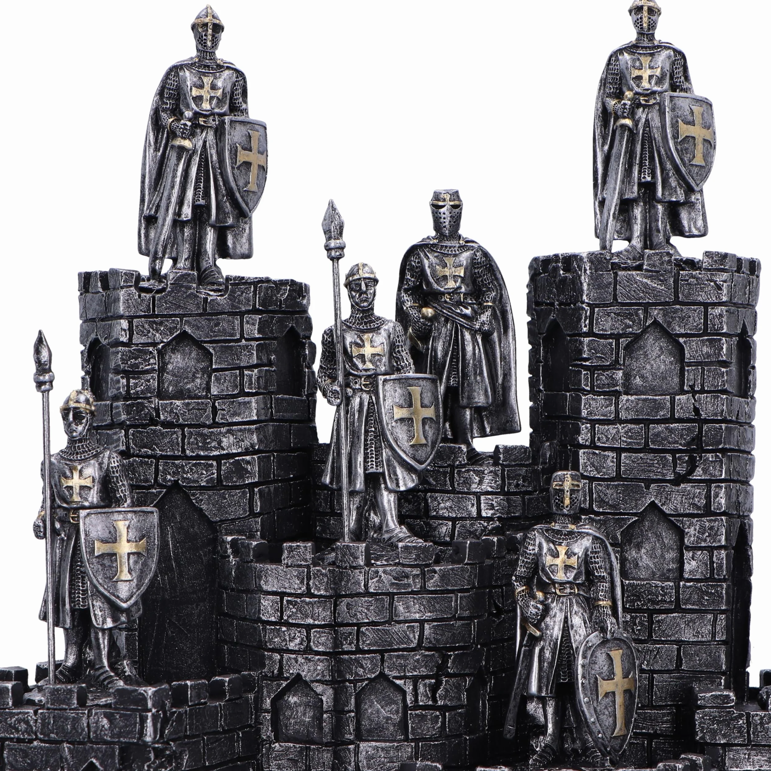 Nemesis Now Rycerze Wieży z zestawem figurek 48 rycerzy 25 cm, żywica, srebrny, średniowieczny zamek z zestawem figurek 48 rycerzy, towar rycerski, odlewany w najlepszej żywicy, ręcznie malowany