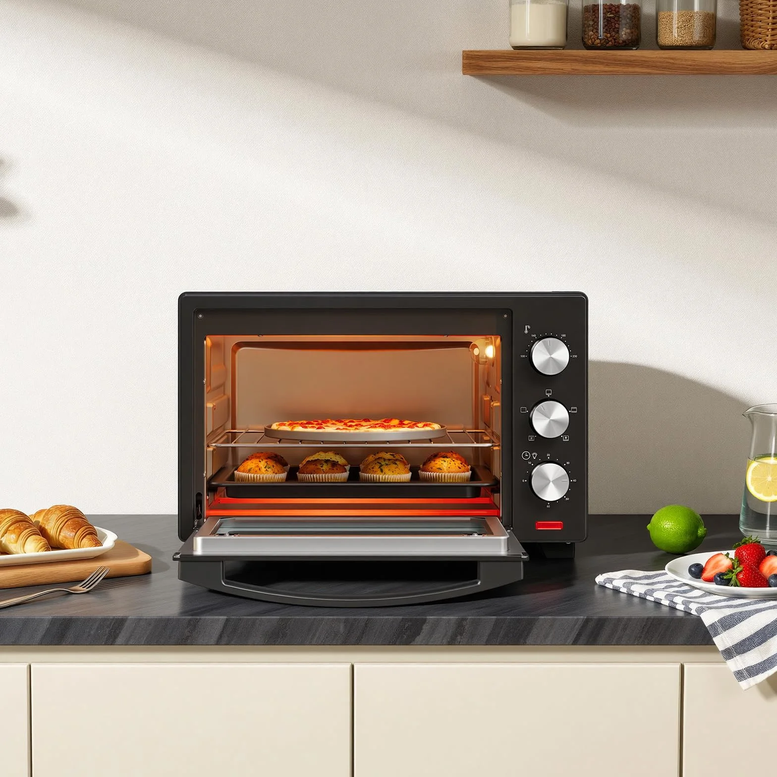 WOLTU mini piekarnik 25 litrów, piekarnik toster 1500 W | Piec do pizzy | Taca na okruchy z minipiekarnikiem z timerem do pizzy, tostów, indyka, czarnych hot-dogów