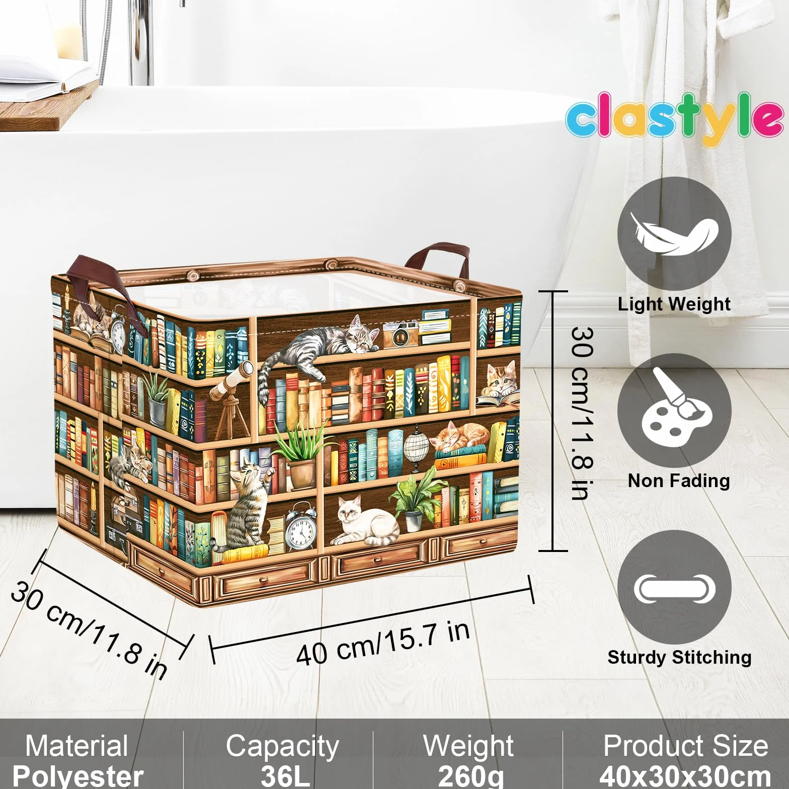 Clastyle Książka dla Dzieci Kosz na Bieliznę z Uchwytem Składany Kosz na Ubrania i Zabawki Kosz na Przechowywanie dla Pokoju Dziecięcego Łazienki, Kot, 40 * 30 * 30 cm