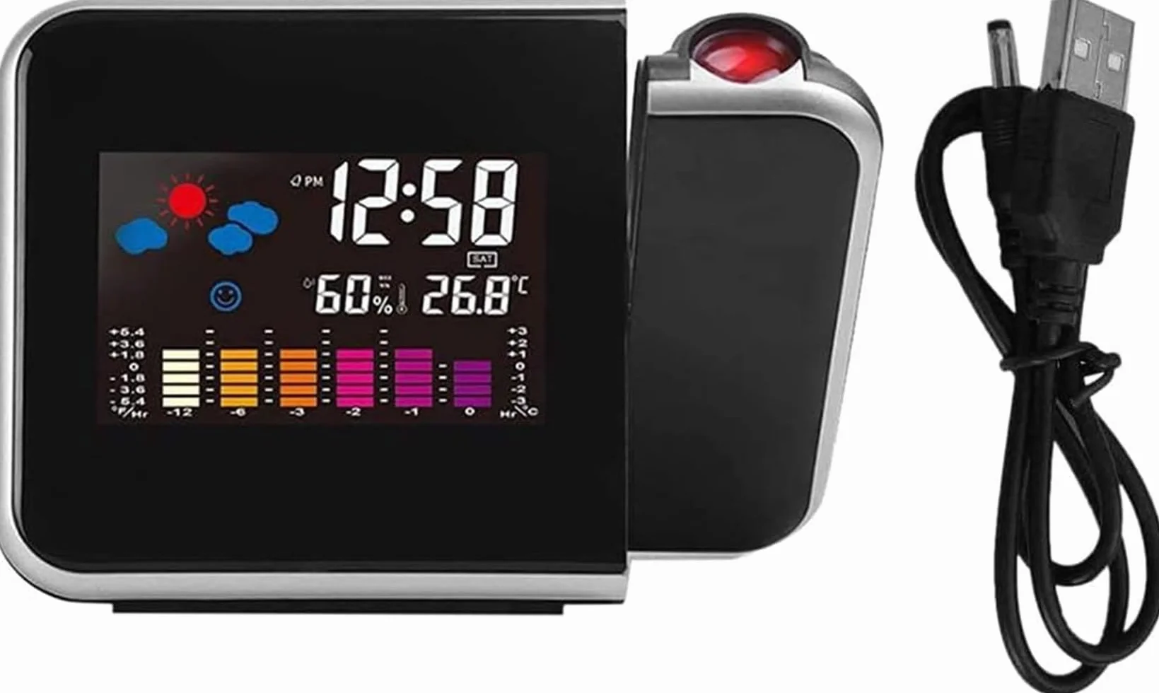 Cyfrowy budzik z projektorem LED, ładowanie USB, kolorowy wyświetlacz LCD, cyfrowy budzik z funkcją drzemki, higrometr, temperatura wewnętrzna, budzik, wyświetlanie daty, 12 i 24, do sypialni, biura