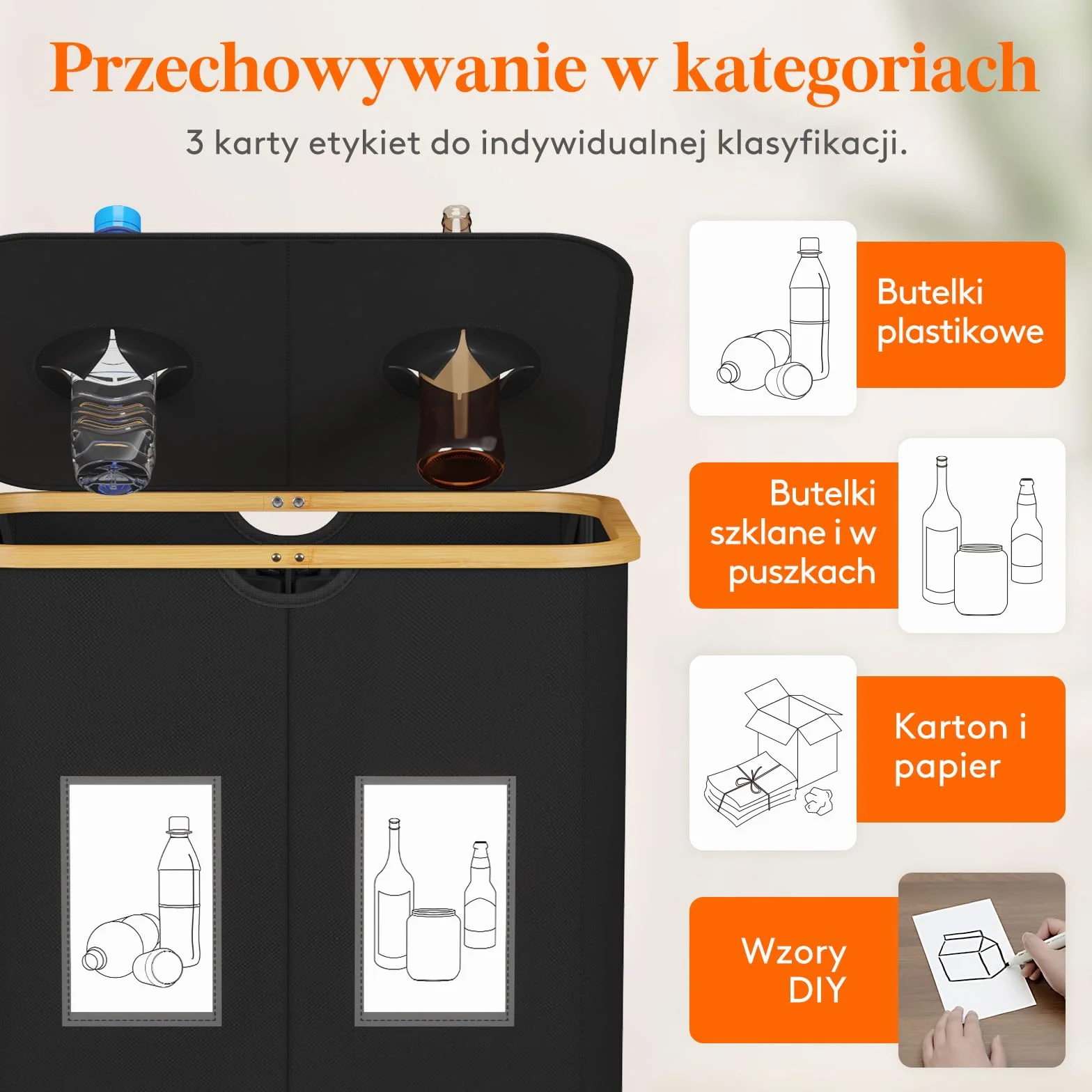 Lifewit Pojemnik Butelki z Pokrywą, 2 Komory 150 L, Pojemnik do Selektywnego Sortowania Butelek Plastikowych i Szklanych, Recyklingu na Zewnątrz Otworem, Przechowywania w Kuchni, Czarny