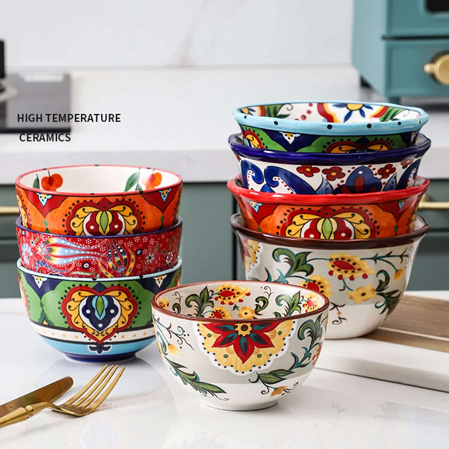 13 cm piękny wzór w stylu boho ceramiczne miski na ryż, miska na płatki śniadaniowe na śniadanie, małe miski na popcorn miska do serwowania zupy przekąski-H-1