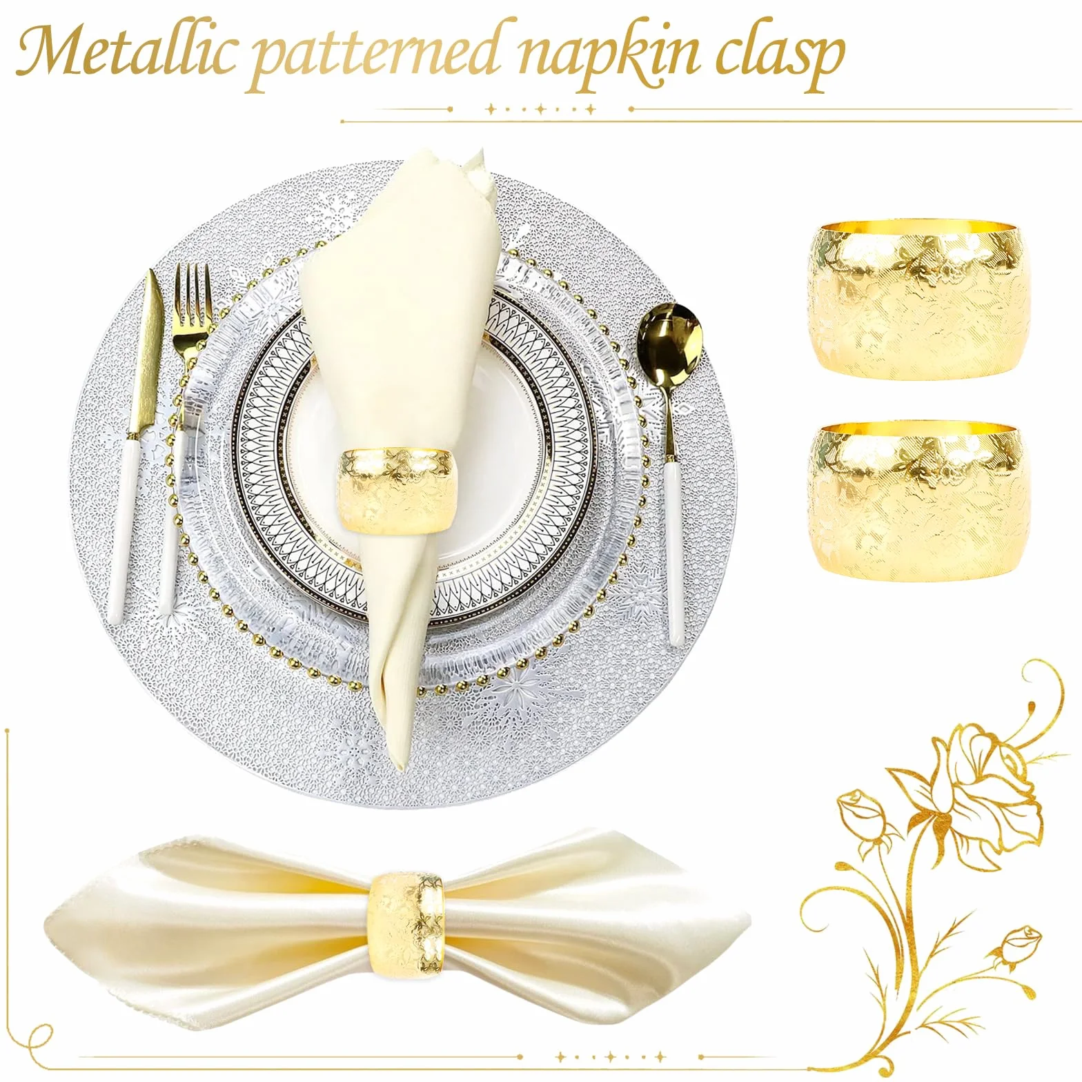 Pierścienie na serwetki, złote, 12 sztuk, eleganckie, metalowe pierścienie na serwetki, sprzączki do serwetek, róże, pierścienie na wesele, kolację, do hotelu, na festiwal, kolację, do jadalni