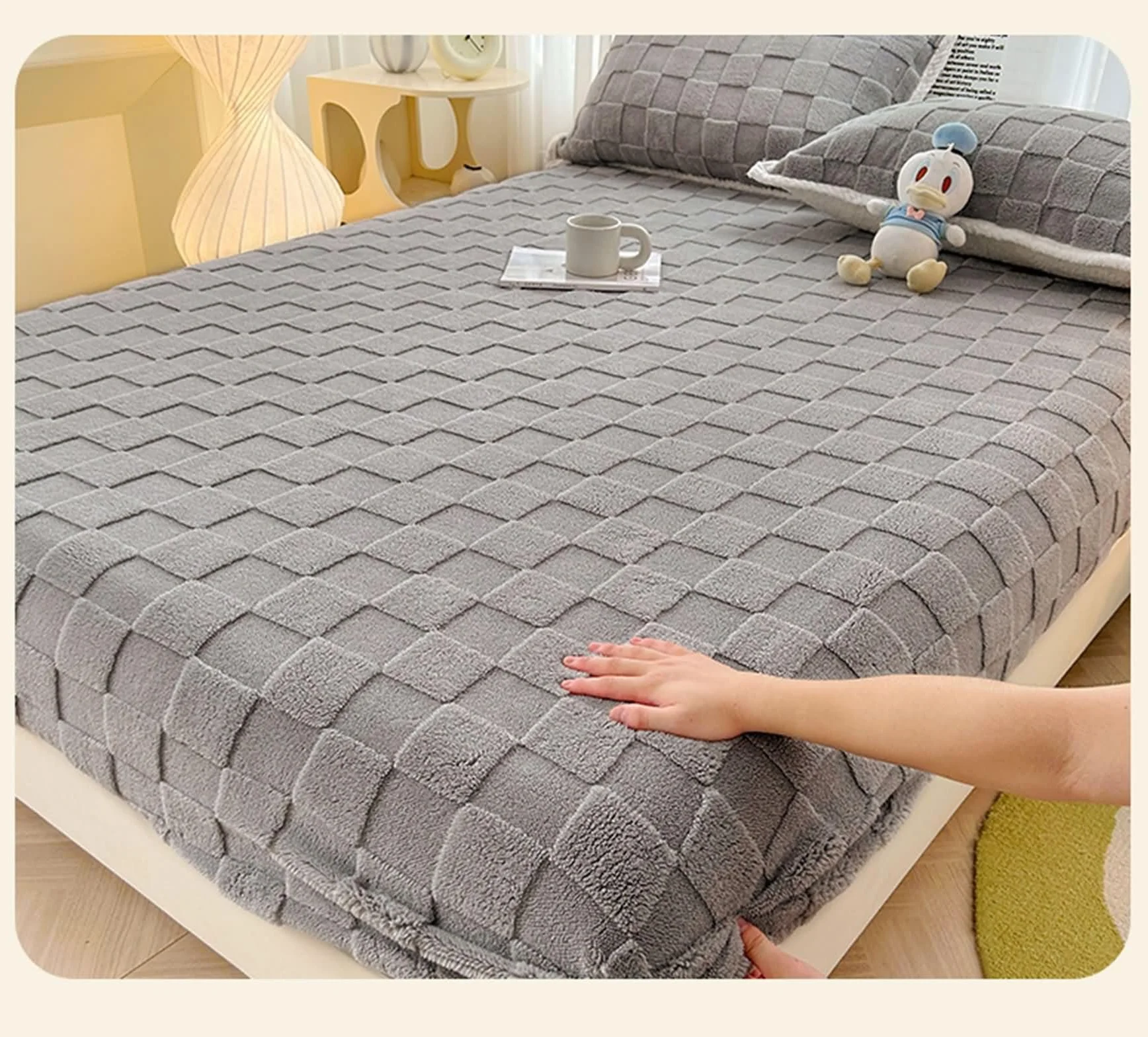 Prześcieradło z gumką 200 x 220 cm, zestaw 2 poszewek na poduszki, nadaje się do prania, wzór 3D, odporne na zmarszczki, blaknięcie, aksamitne prześcieradło z gumką, szare, na wszystkie pory