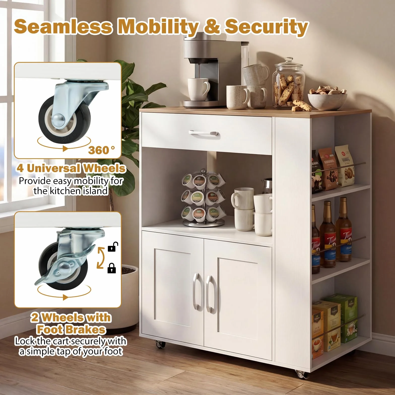GIANTEX NF88624 Wózek kuchenny na kółkach z blatem roboczym, szufladą i 3 półkami, biały
