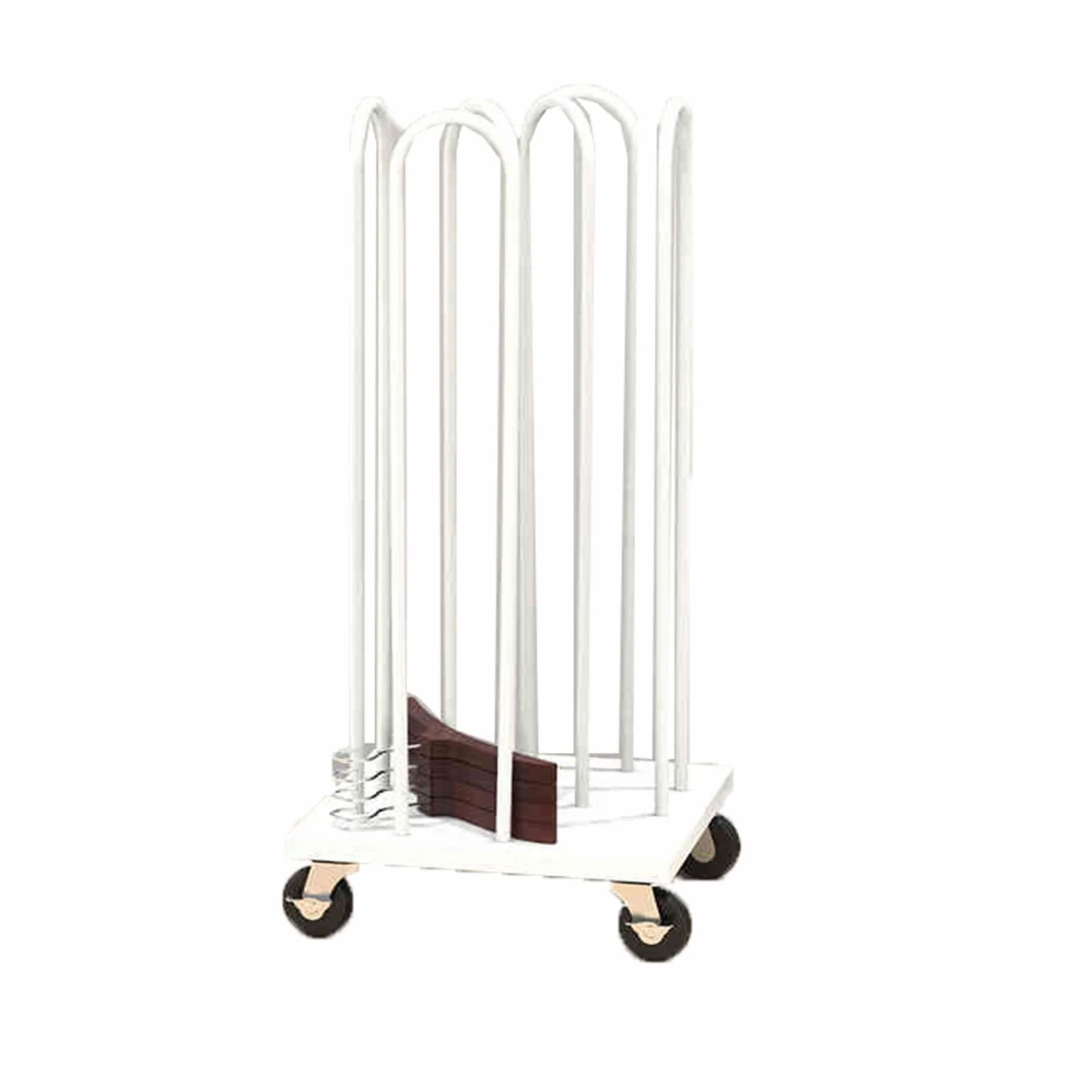 Metalowy wózek do przechowywania ponad 100 wieszaków, idealny do pralni i sklepów odzieżowych, elegancki biały design