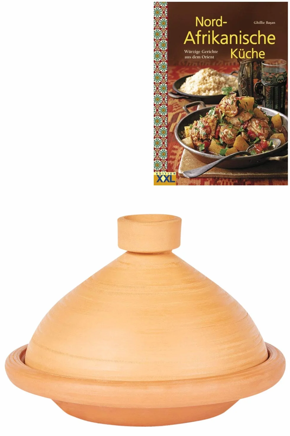 Marokański garnek tadżin do gotowania + książka kucharska | garnek do duszenia nieglazurowany Tuareg Ø 31 cm dla 3-5 osób | w zestawie książka z przepisami kulinarnymi kuchni północnoafrykańskiej |